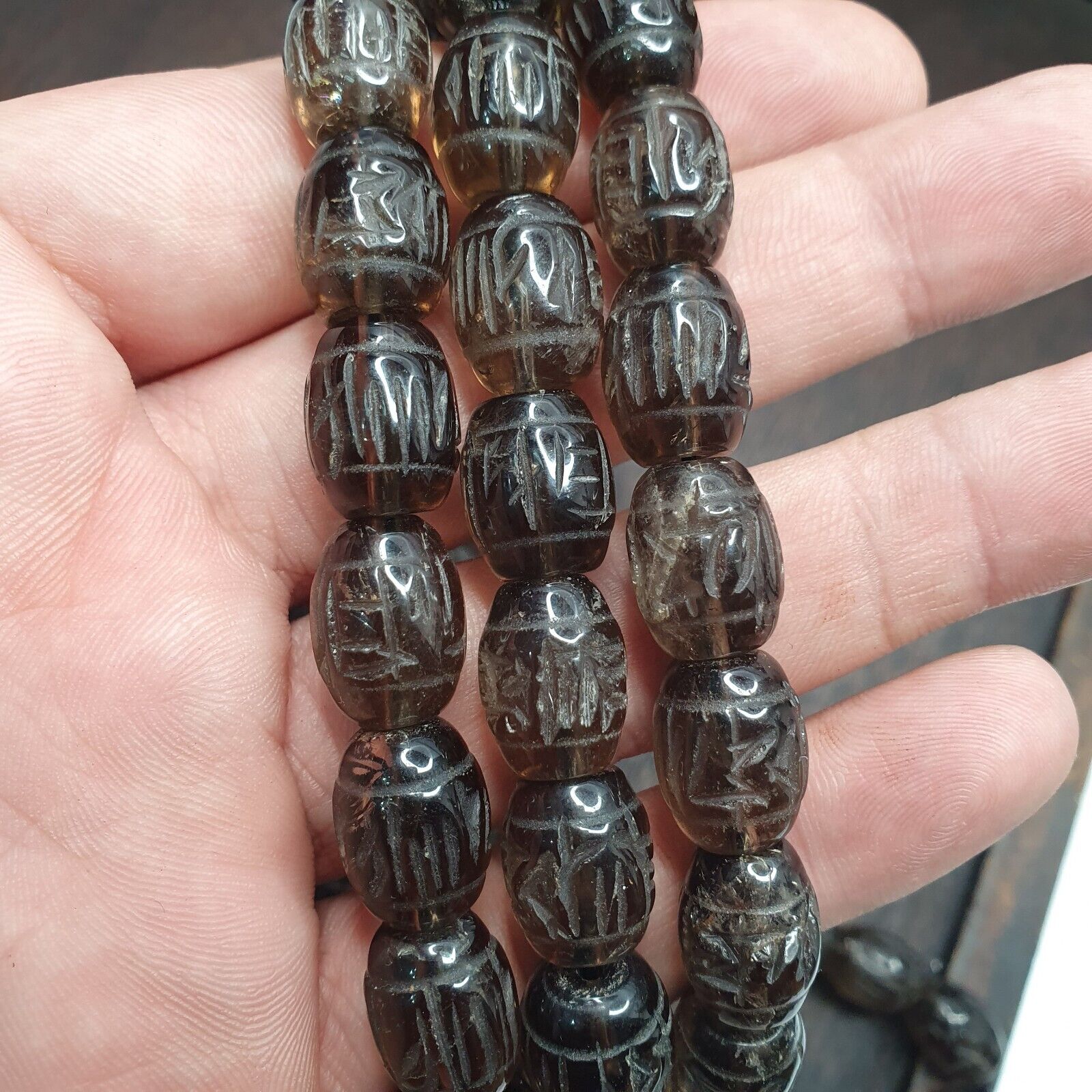 TIBETAN ANTIQUE Carving Smoky Quartz 108 beads with dzi Agate Rosary MALA