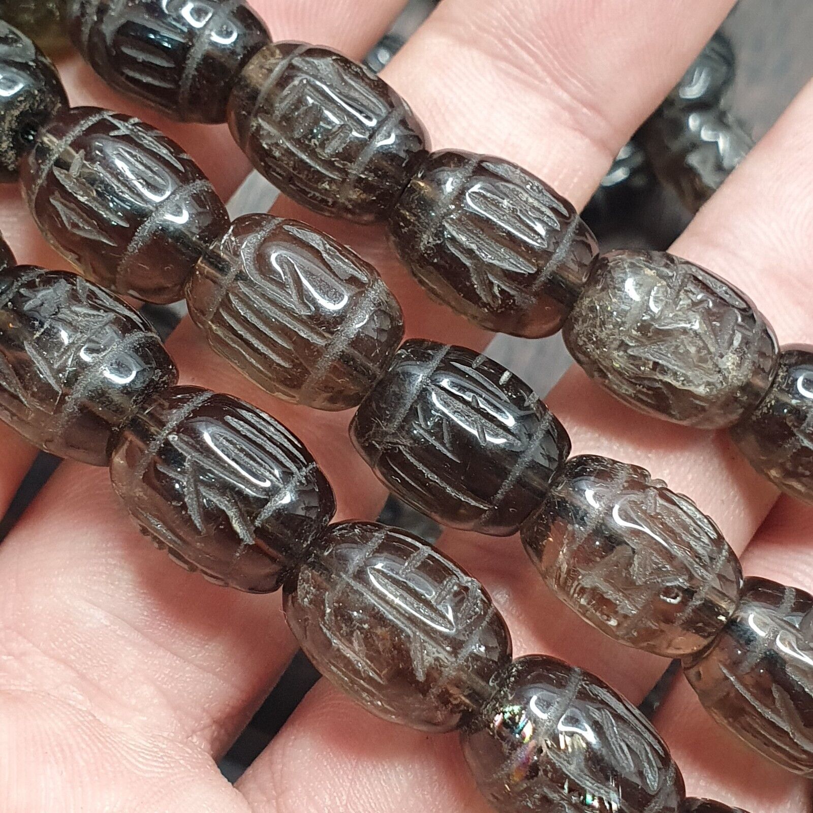 TIBETAN ANTIQUE Carving Smoky Quartz 108 beads with dzi Agate Rosary MALA