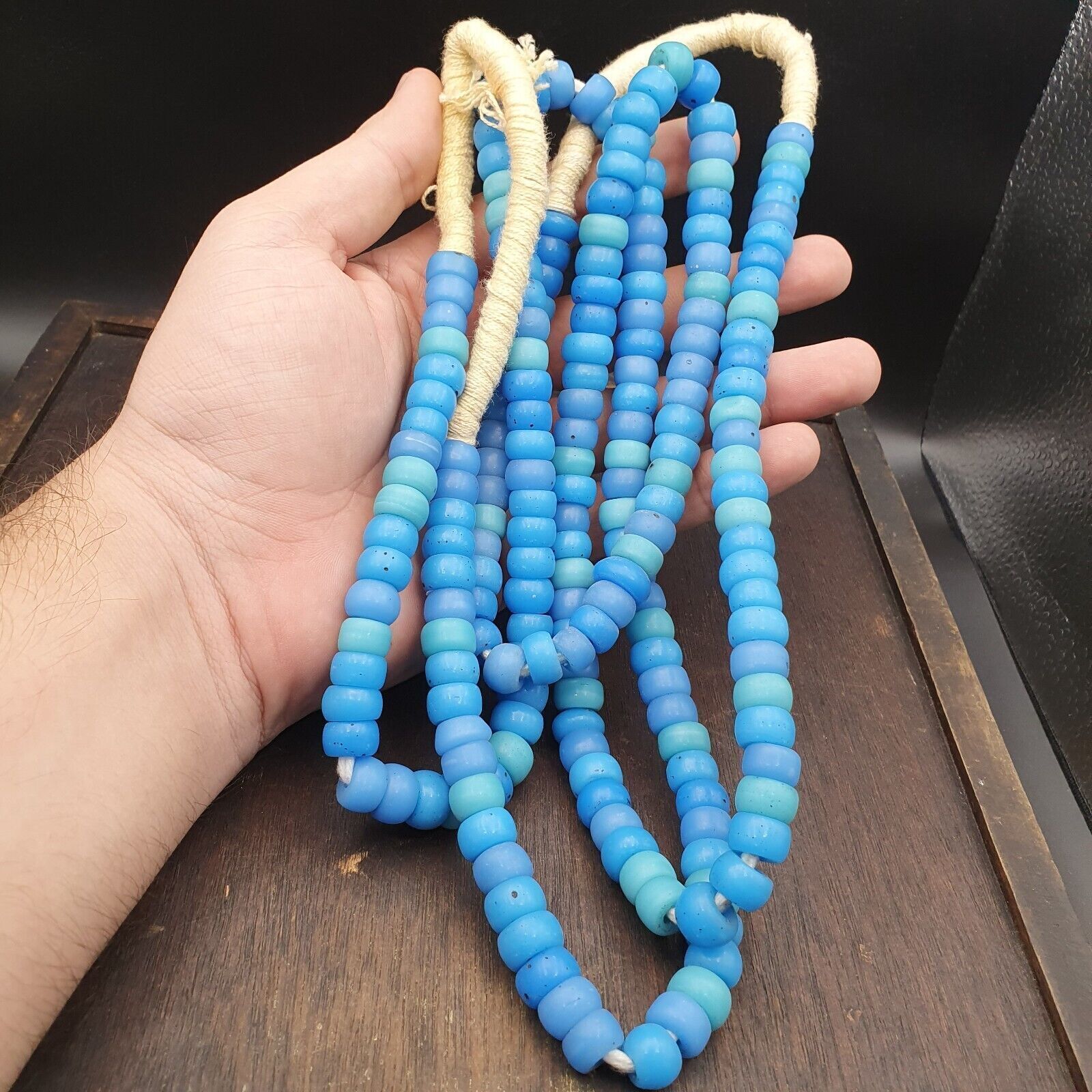 Vintage OLD AFRICAN Blue Vaseline GLASS ANTIQUE BEADS 11-12MM beads Strand