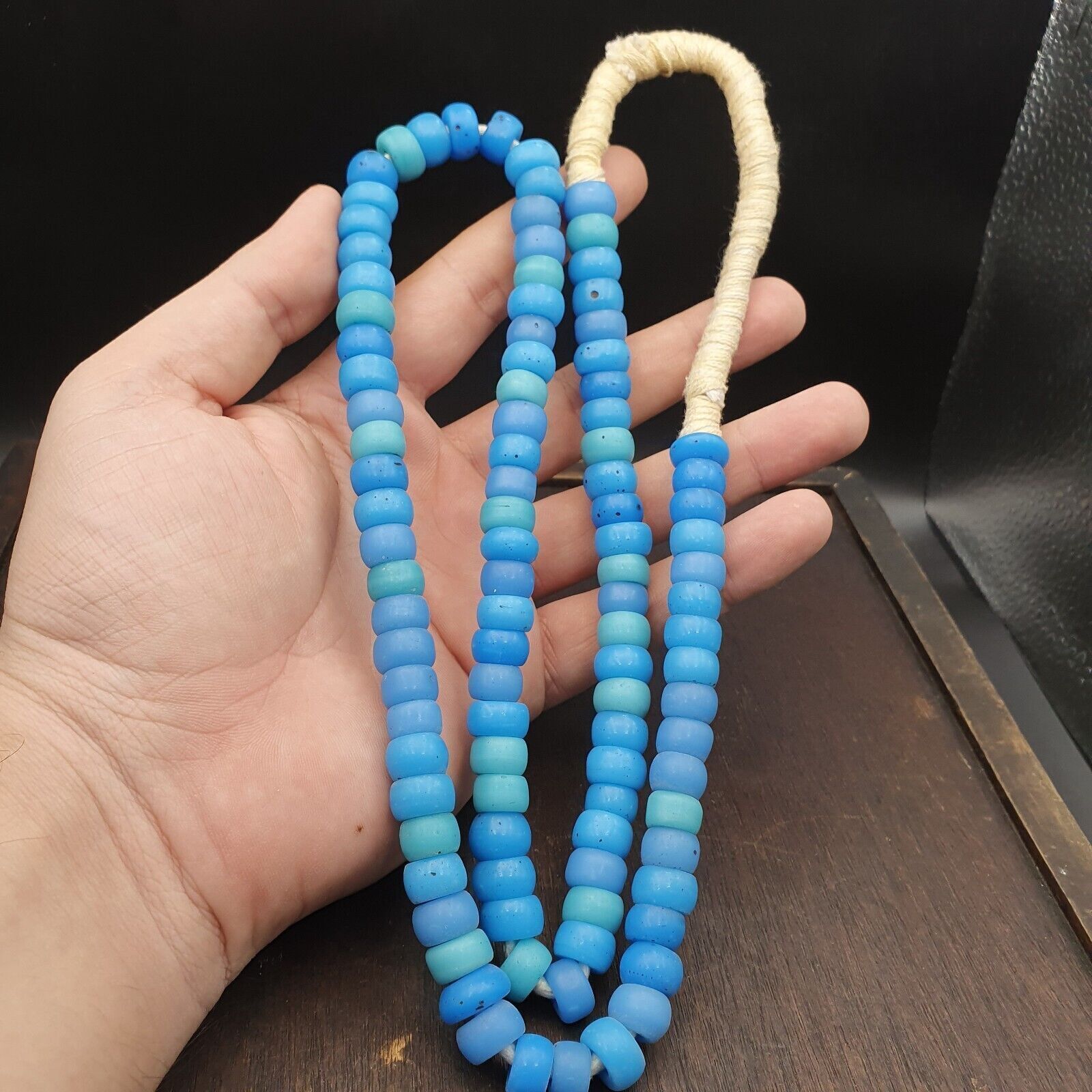 Vintage OLD AFRICAN Blue Vaseline GLASS ANTIQUE BEADS 11-12MM beads Strand