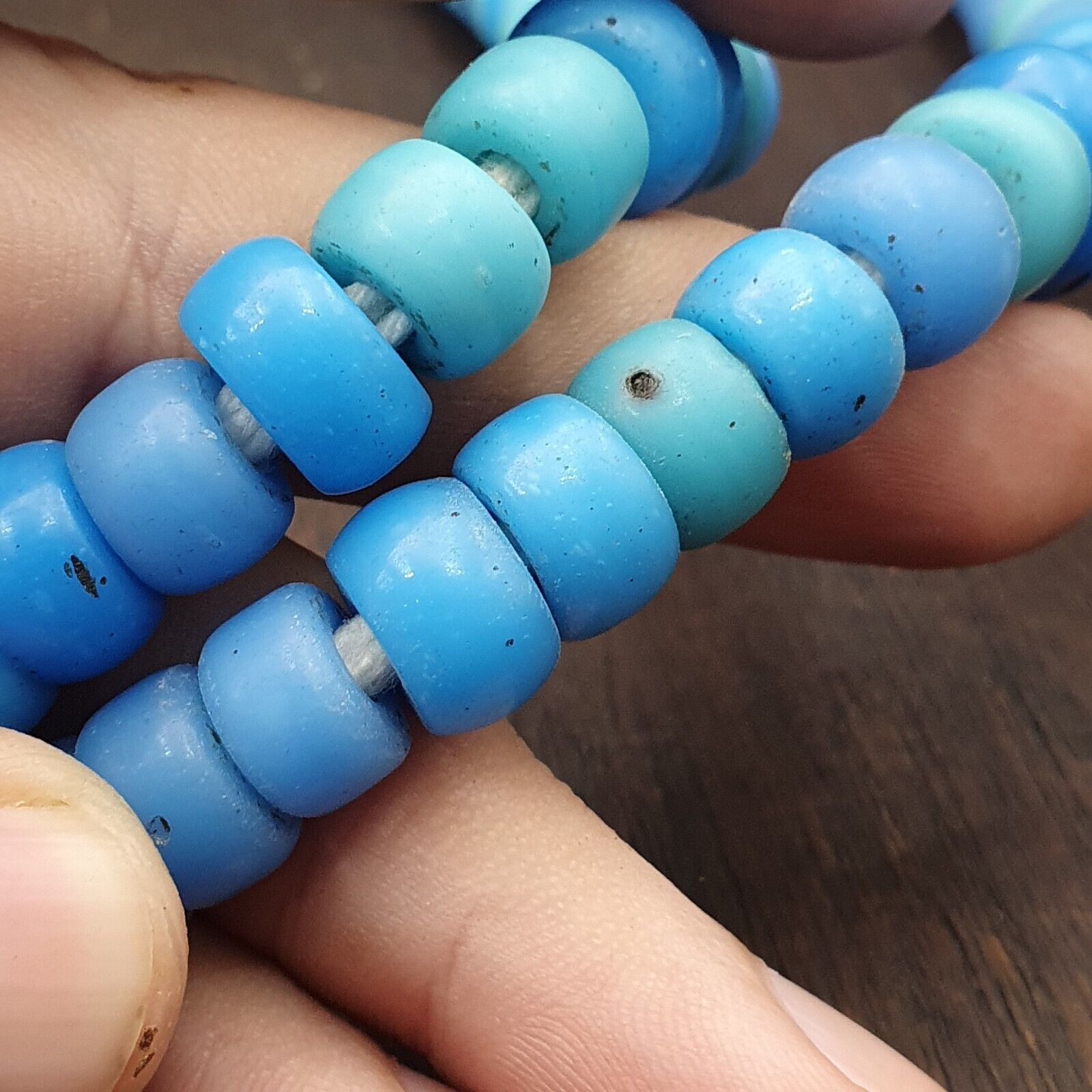 Vintage OLD AFRICAN Blue Vaseline GLASS ANTIQUE BEADS 11-12MM beads Strand