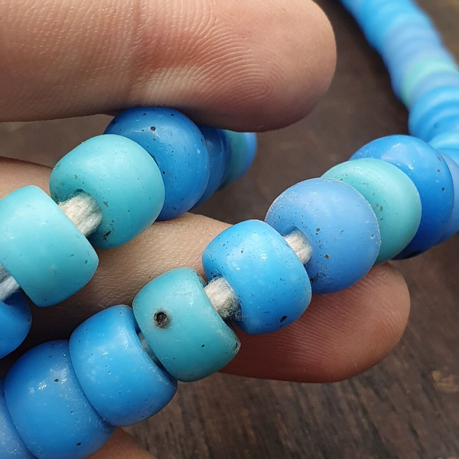Vintage OLD AFRICAN Blue Vaseline GLASS ANTIQUE BEADS 11-12MM beads Strand