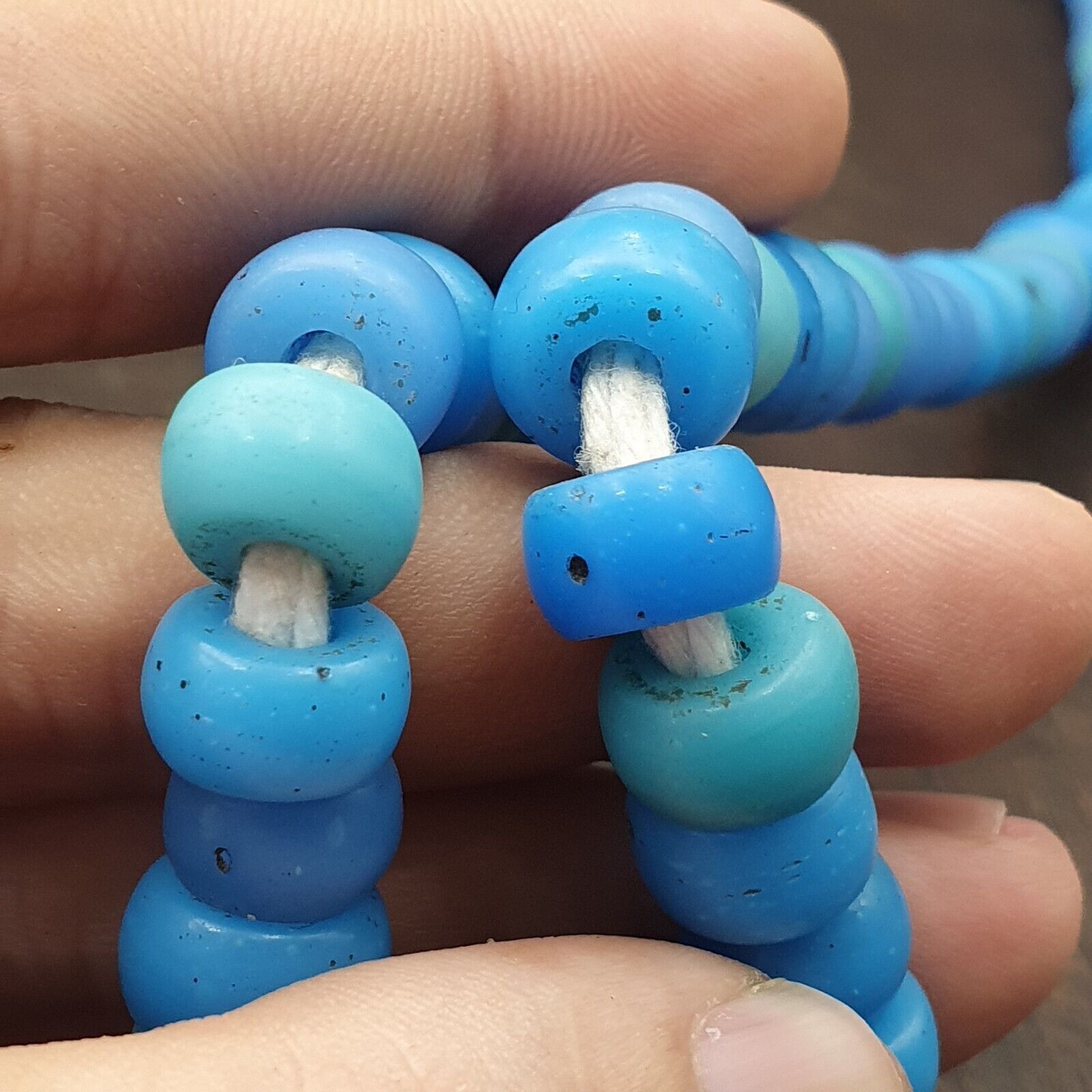 Vintage OLD AFRICAN Blue Vaseline GLASS ANTIQUE BEADS 11-12MM beads Strand