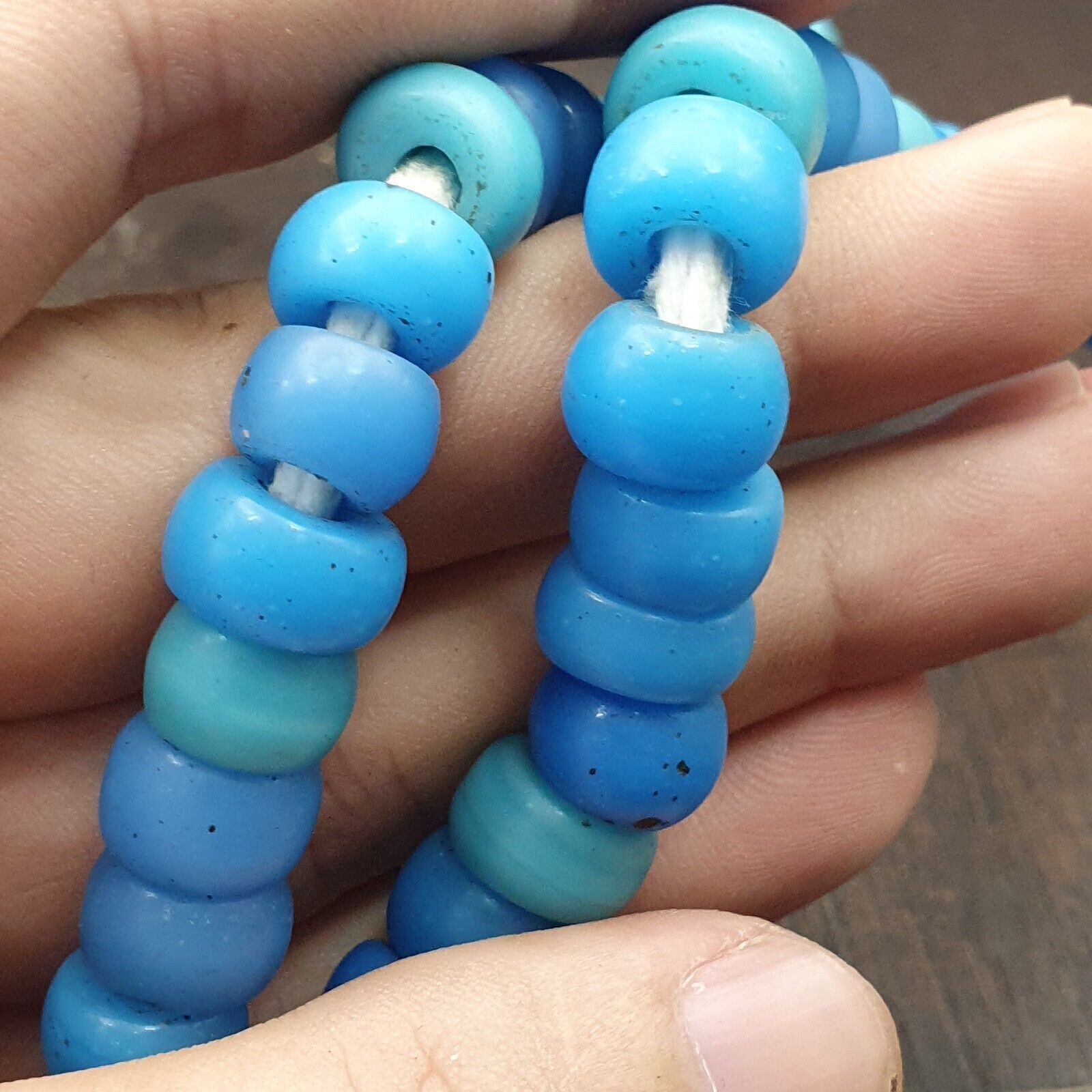 Vintage OLD AFRICAN Blue Vaseline GLASS ANTIQUE BEADS 11-12MM beads Strand