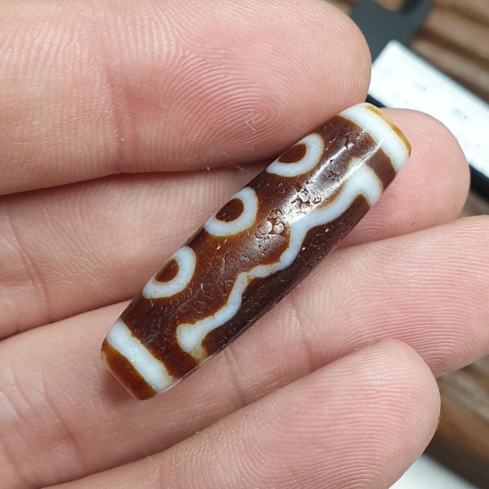 Vintage Tibetan Himalayan 5 Eyes Unique pattern Agate stone Dzi Bead Amulet