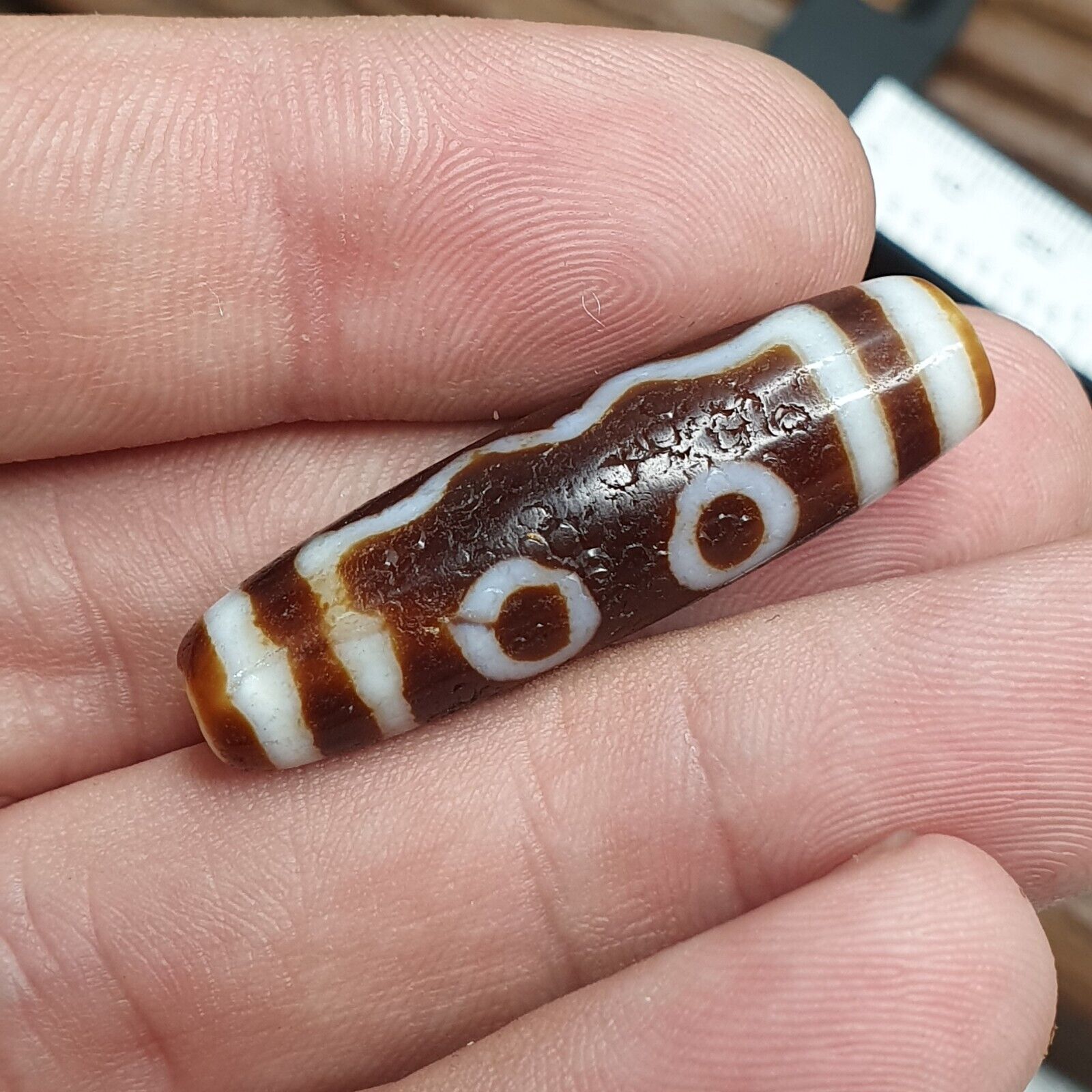 Vintage Tibetan Himalayan 5 Eyes Unique pattern Agate stone Dzi Bead Amulet