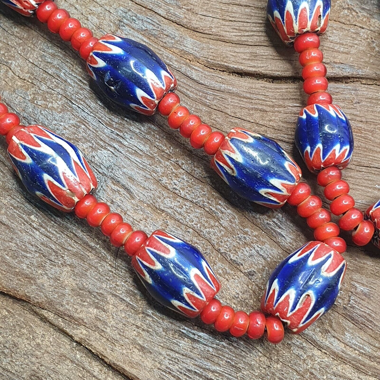Antique Vintage Venetian White Heart & Blue Chevron Trade Beads Necklace ACH1