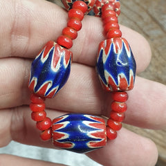 Antique Vintage Venetian White Heart & Blue Chevron Trade Beads Necklace ACH1