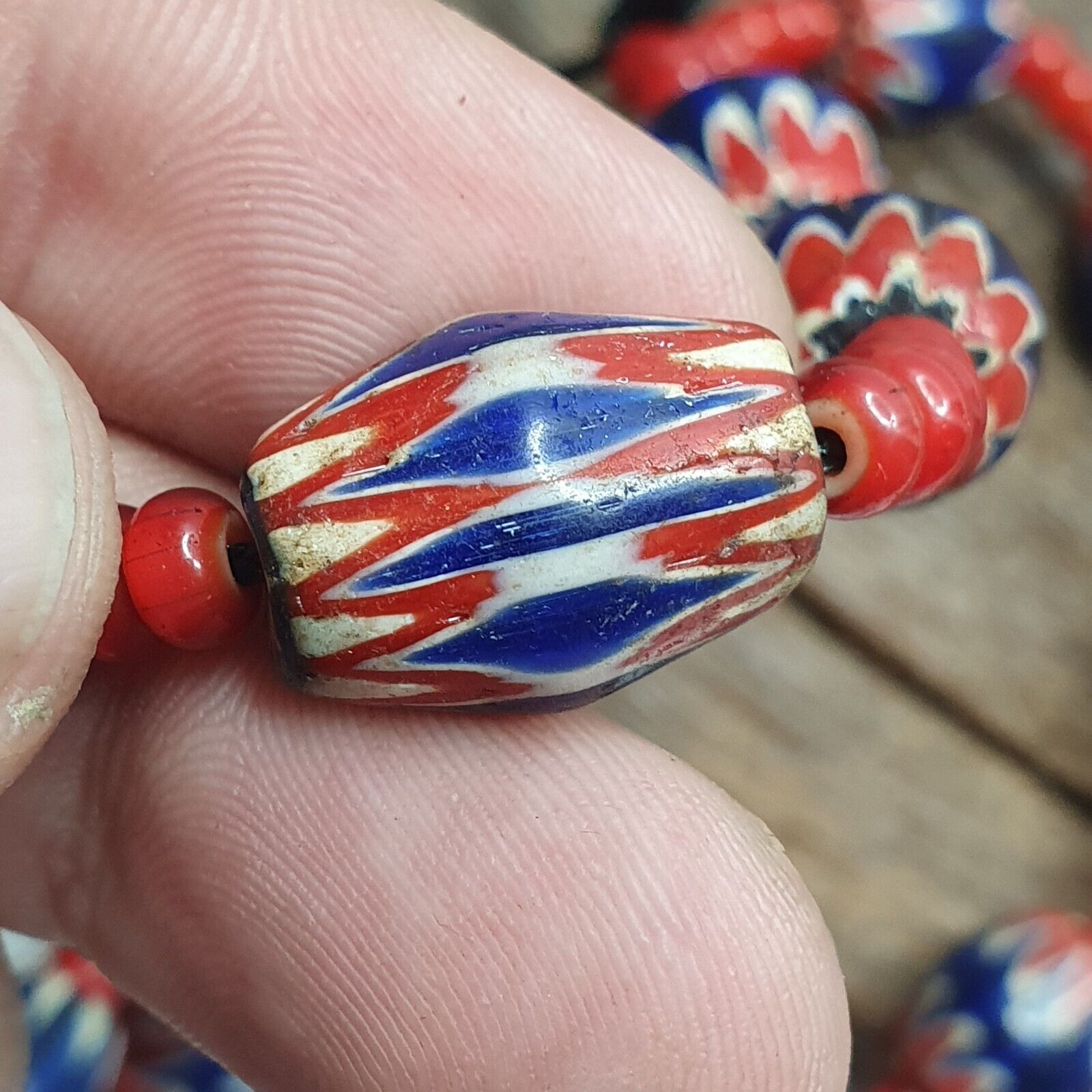 Antique Vintage Venetian White Heart & Blue Chevron Trade Beads Necklace ACH1