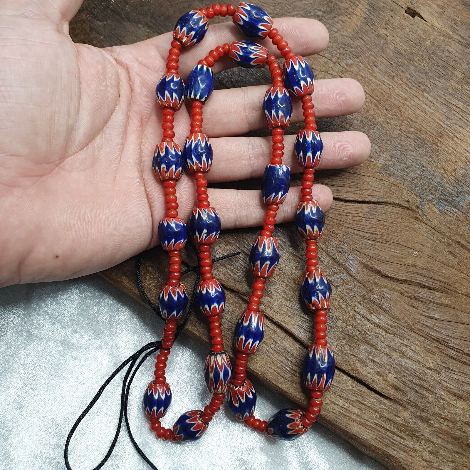 Antique Vintage Venetian White Heart & Blue Chevron Trade Beads Necklace ACH1