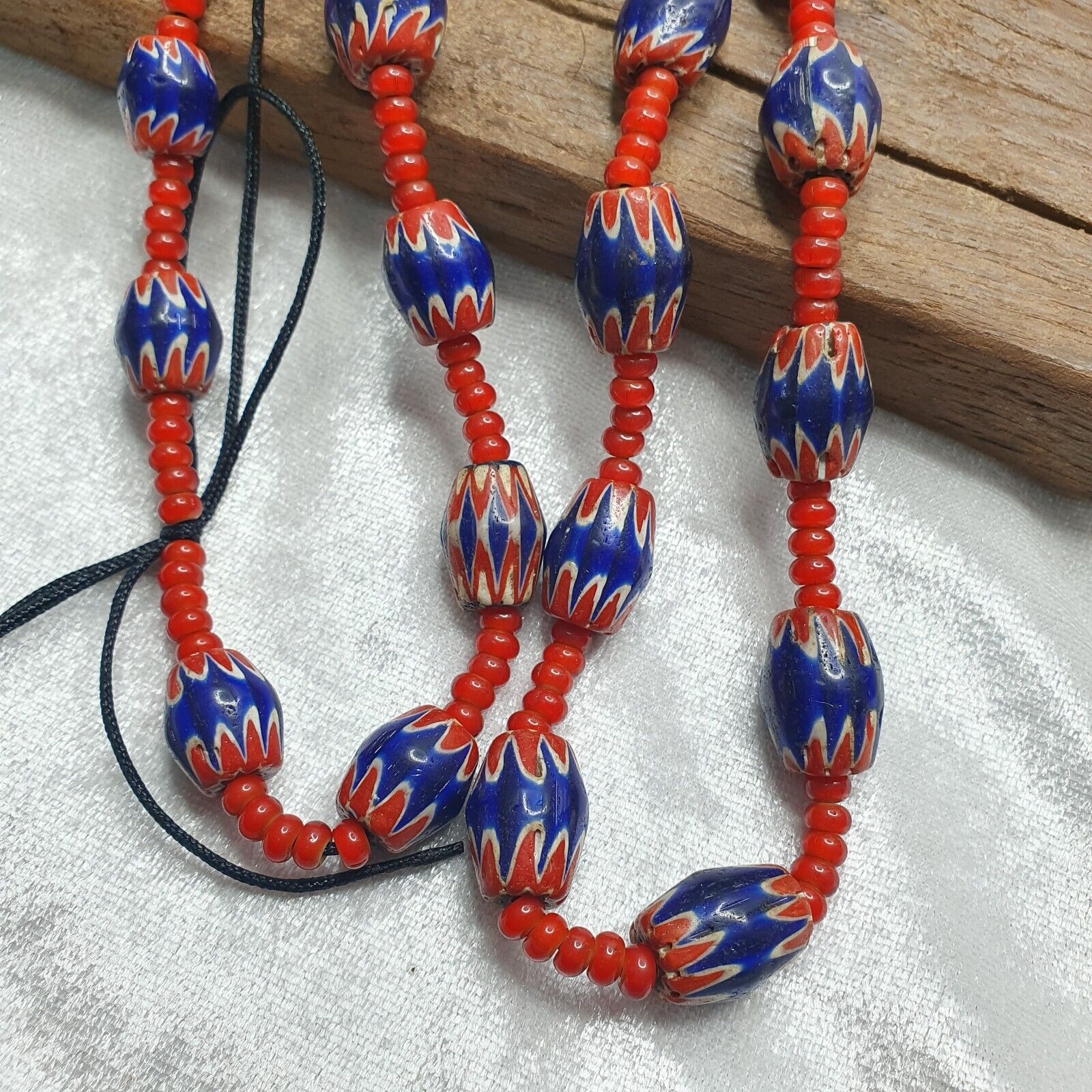 Antique Vintage Venetian White Heart & Blue Chevron Trade Beads Necklace ACH1