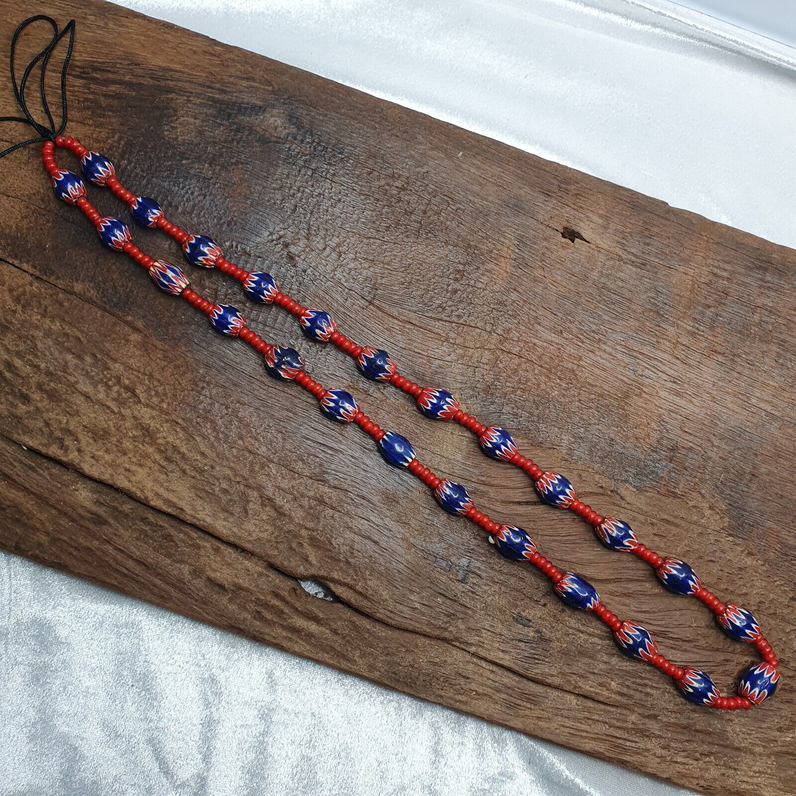Antique Vintage Venetian White Heart & Blue Chevron Trade Beads Necklace ACH1