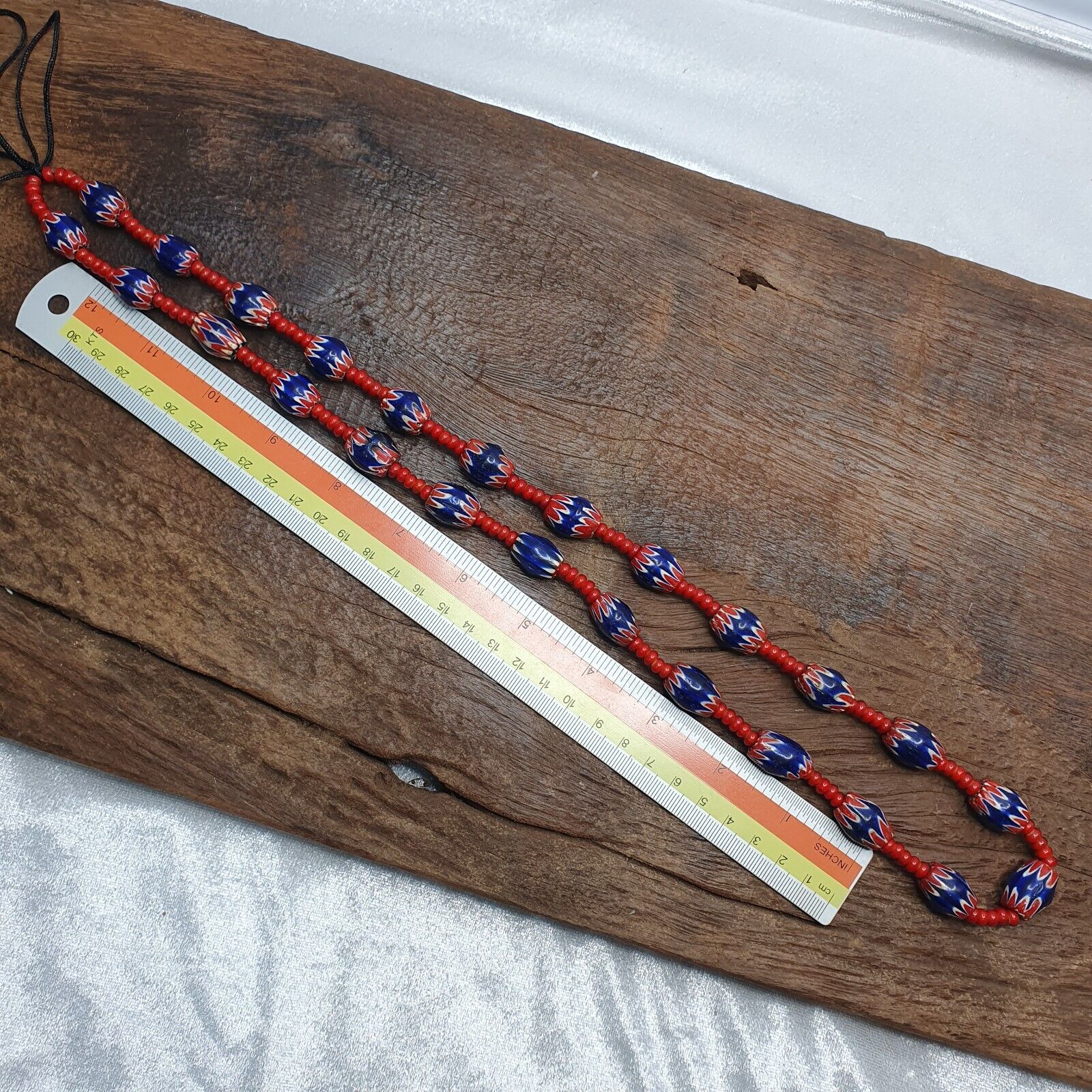 Antique Vintage Venetian White Heart & Blue Chevron Trade Beads Necklace ACH1