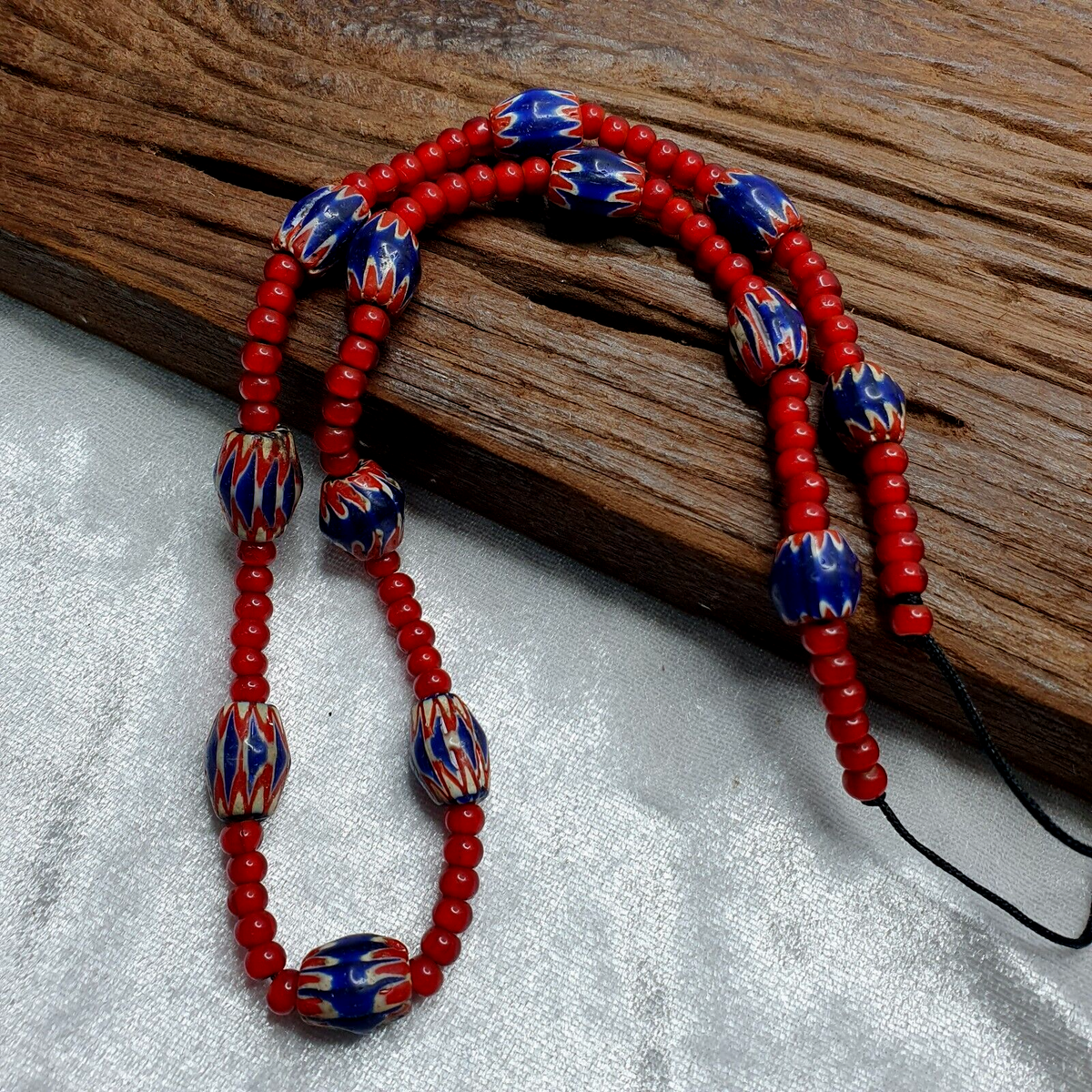 Antique Vintage Venetian White Heart & Blue Chevron Trade Beads Necklace ACH2