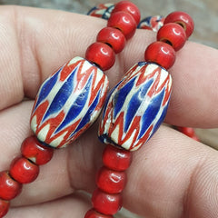 Antique Vintage Venetian White Heart & Blue Chevron Trade Beads Necklace ACH2
