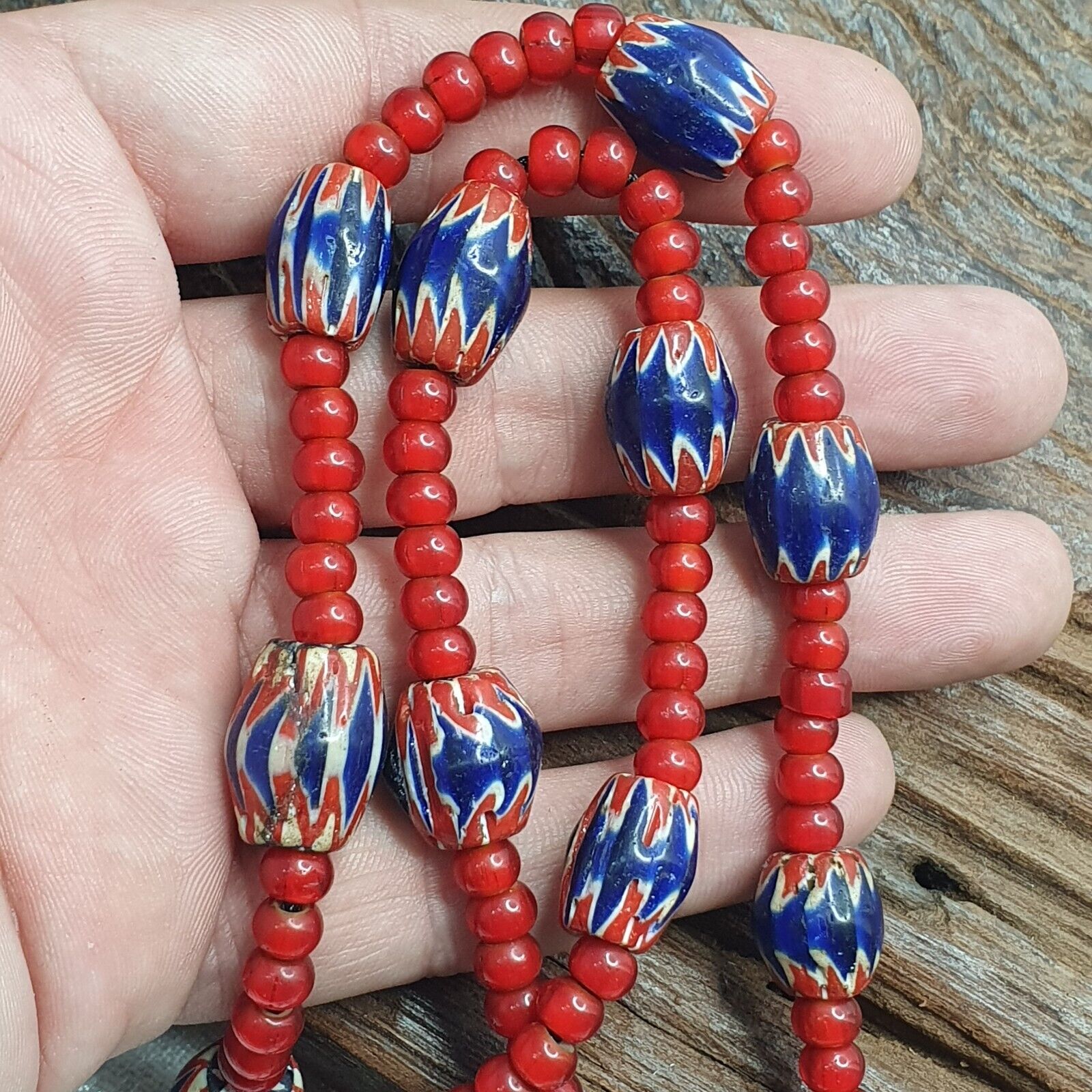 Antique Vintage Venetian White Heart & Blue Chevron Trade Beads Necklace ACH2