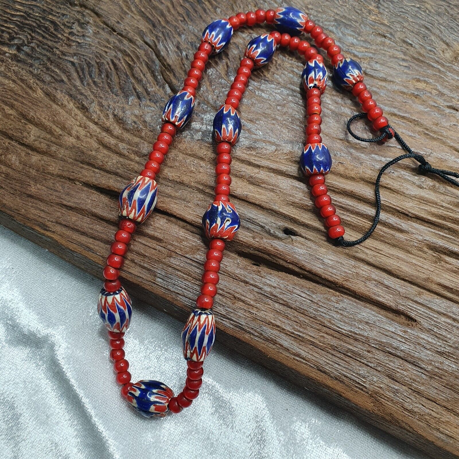 Antique Vintage Venetian White Heart & Blue Chevron Trade Beads Necklace ACH2