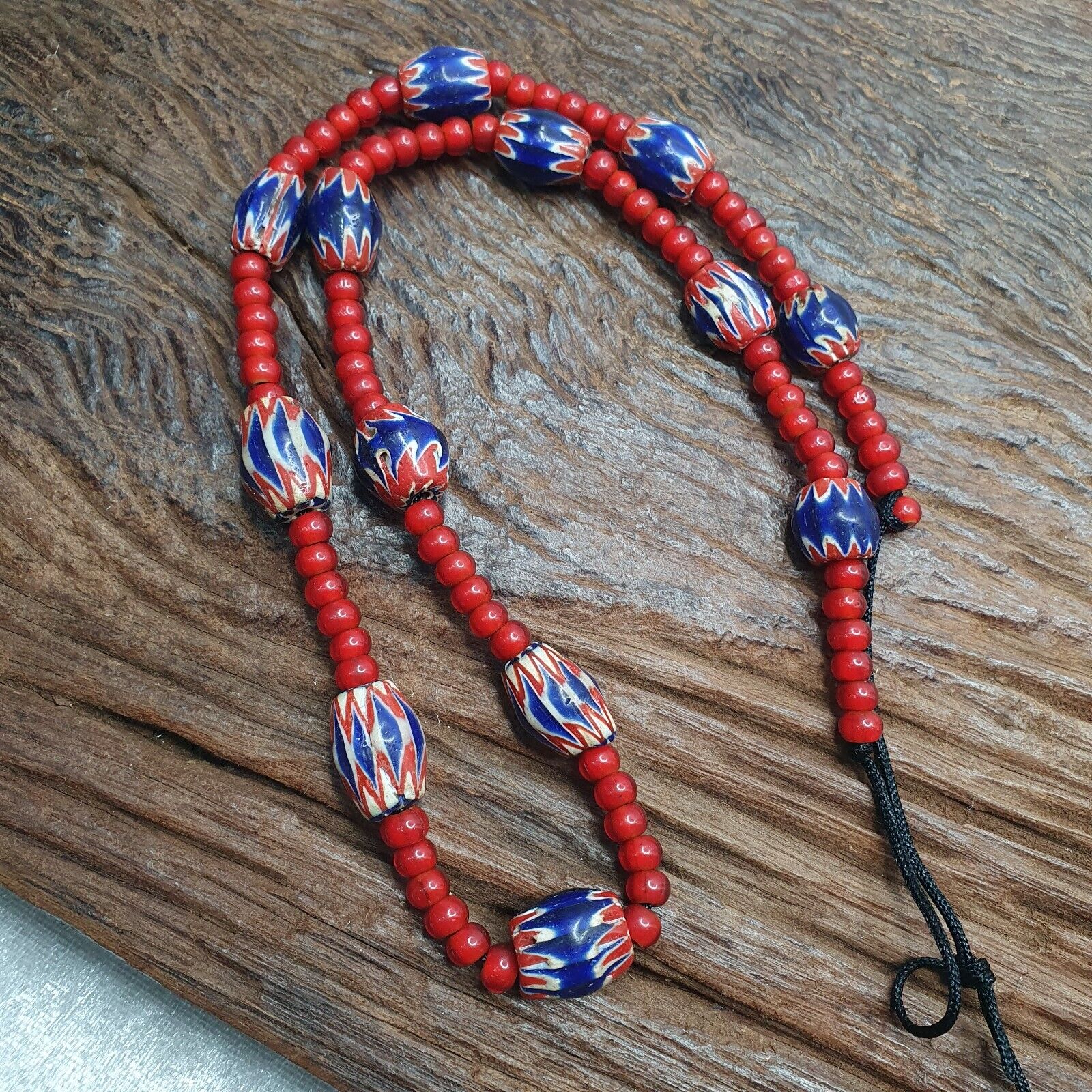Antique Vintage Venetian White Heart & Blue Chevron Trade Beads Necklace ACH2