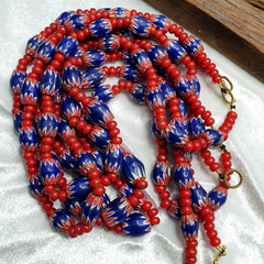 Antique Vintage Venetian White Heart 7mm & Blue Chevron Trade Beads Necklace