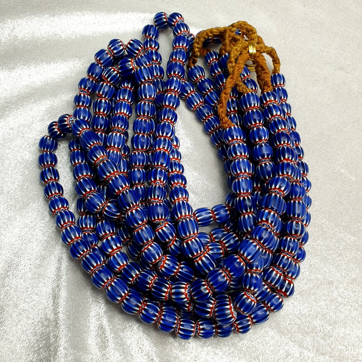 Vintage Blue Chevron Venetian Style Multilayers 10mm Glass Beads Necklace