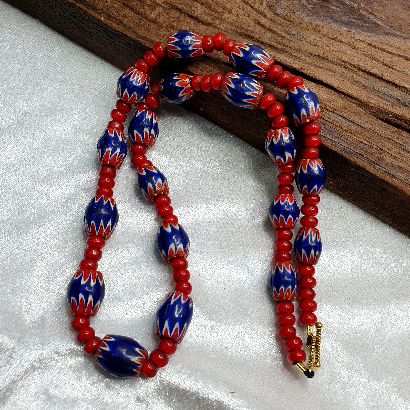 Antique Vintage Venetian White Heart 7mm & Blue Chevron Trade Beads Necklace