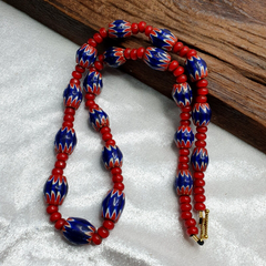 Antique Vintage Venetian White Heart 7mm & Blue Chevron Trade Beads Necklace
