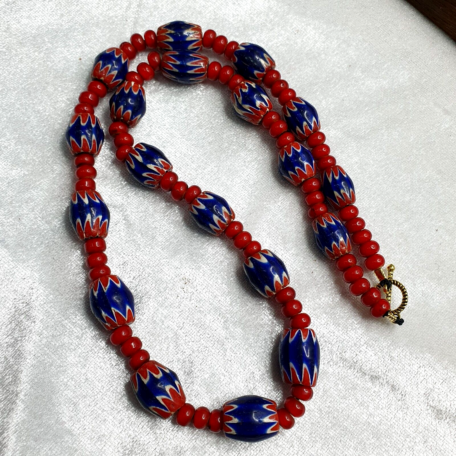 Antique Vintage Venetian White Heart 7mm & Blue Chevron Trade Beads Necklace