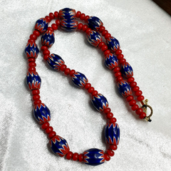 Antique Vintage Venetian White Heart 7mm & Blue Chevron Trade Beads Necklace