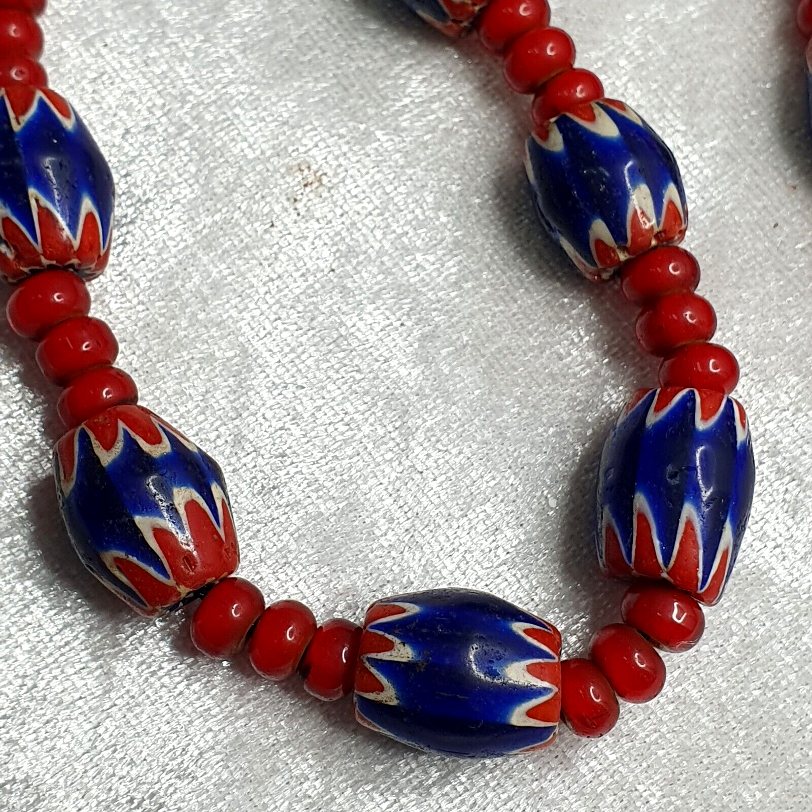 Antique Vintage Venetian White Heart 7mm & Blue Chevron Trade Beads Necklace