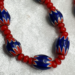Antique Vintage Venetian White Heart 7mm & Blue Chevron Trade Beads Necklace