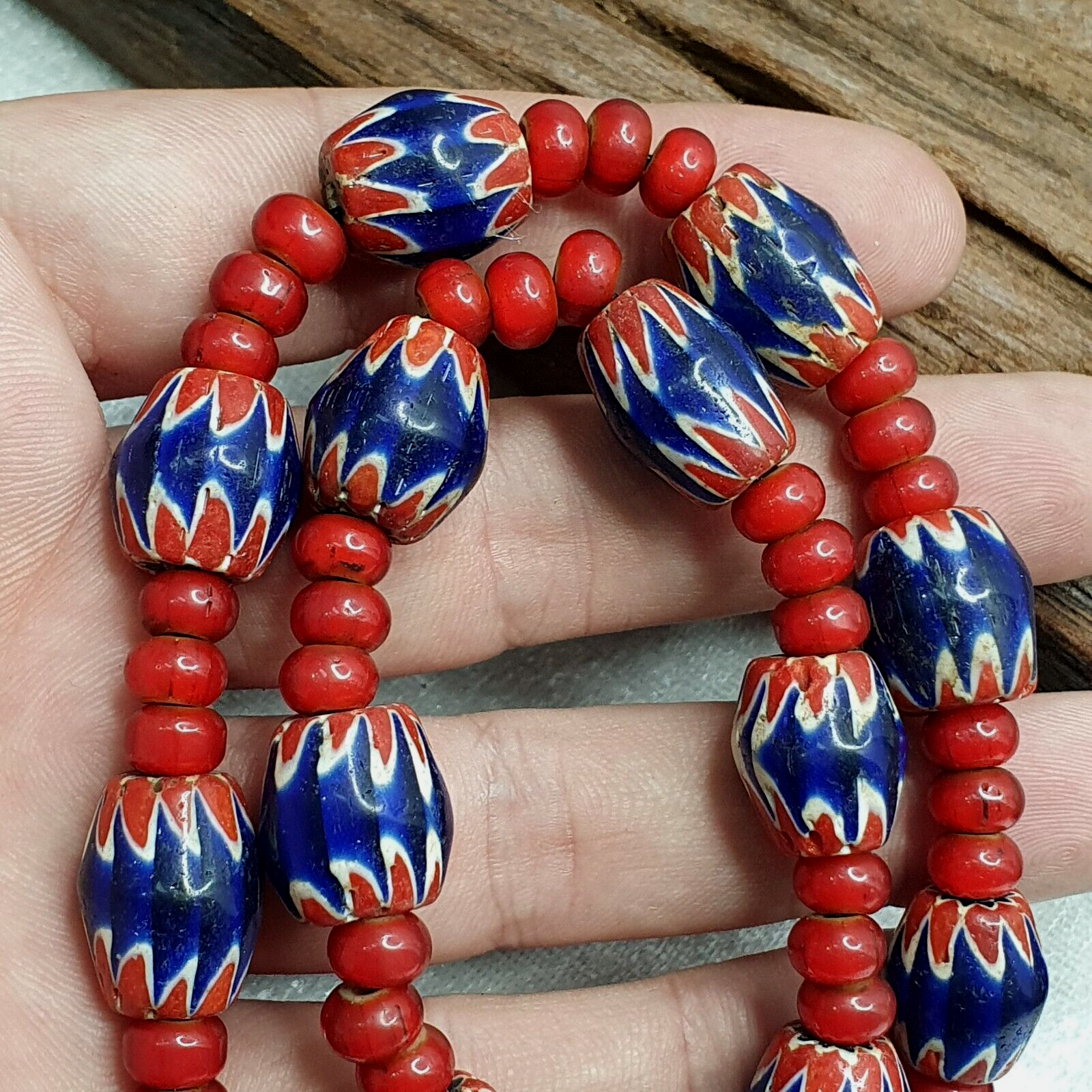 Antique Vintage Venetian White Heart 7mm & Blue Chevron Trade Beads Necklace