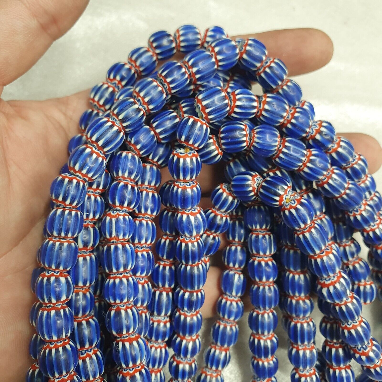 Vintage Blue Chevron Venetian Style Multilayers 10mm Glass Beads Necklace