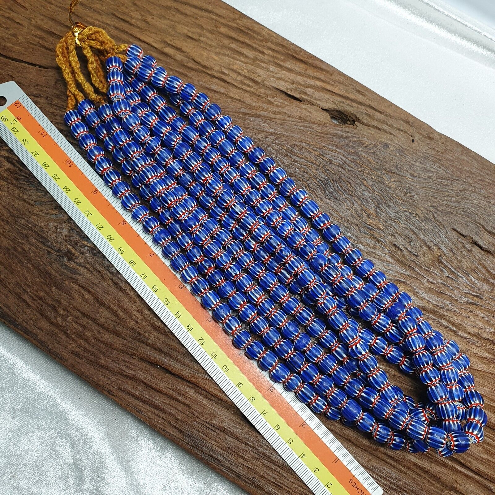 Vintage Blue Chevron Venetian Style Multilayers 10mm Glass Beads Necklace