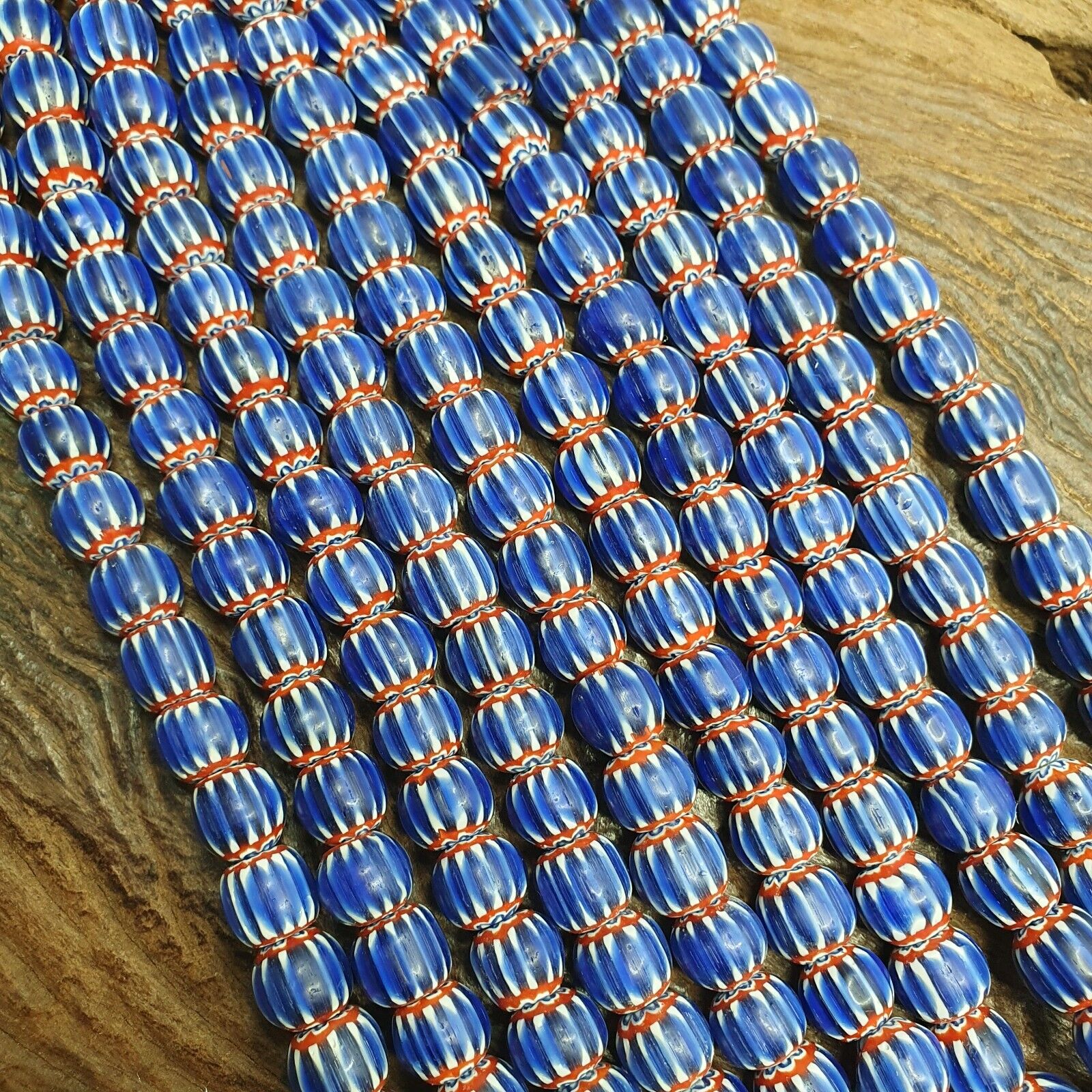 Vintage Blue Chevron Venetian Style Multilayers 10mm Glass Beads Necklace