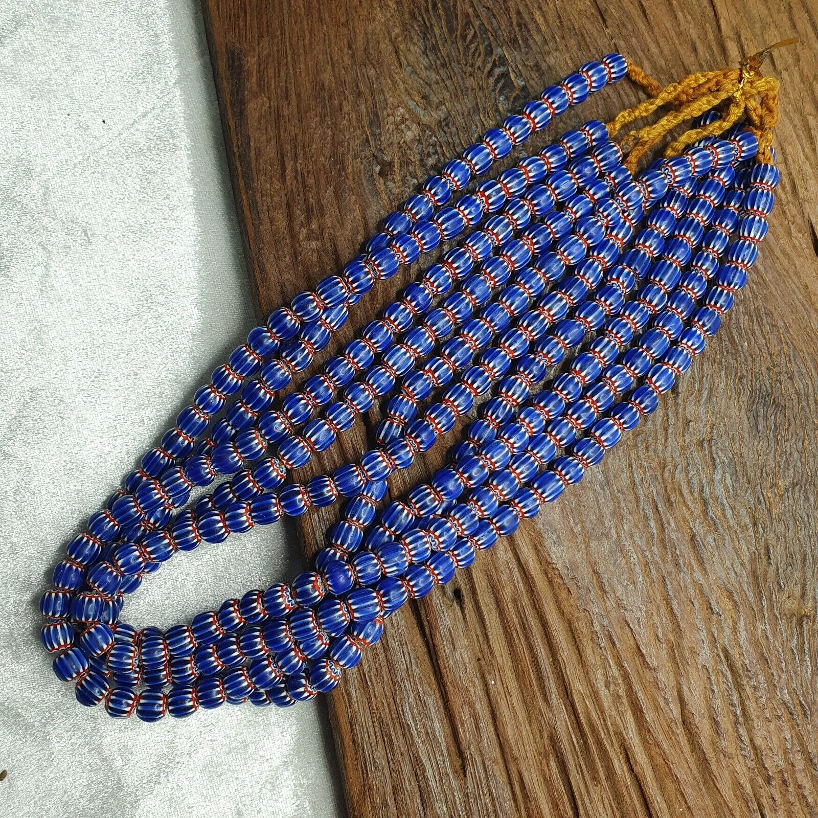 Vintage Blue Chevron Venetian Style Multilayers 10mm Glass Beads Necklace