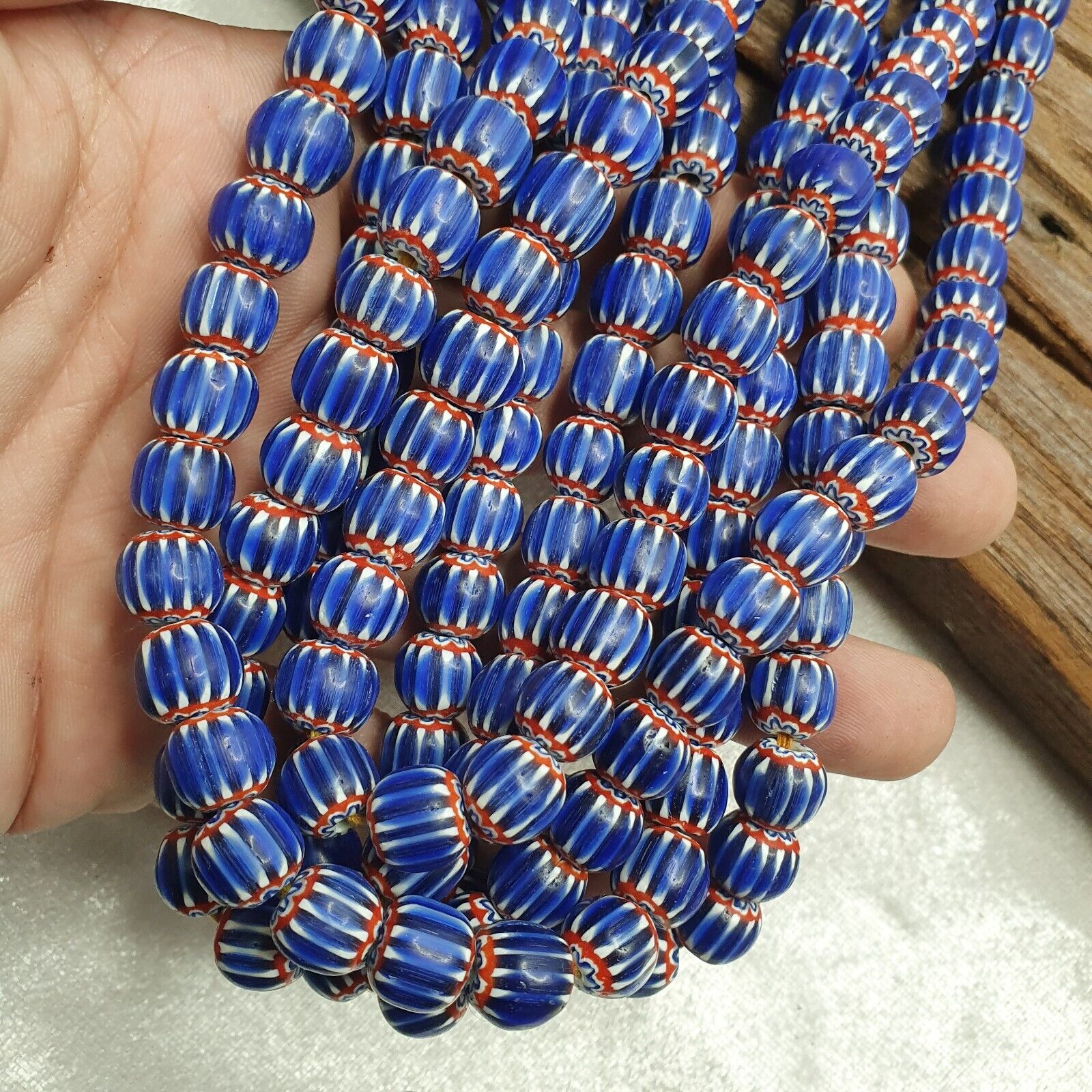Vintage Blue Chevron Venetian Style Multilayers 10mm Glass Beads Necklace