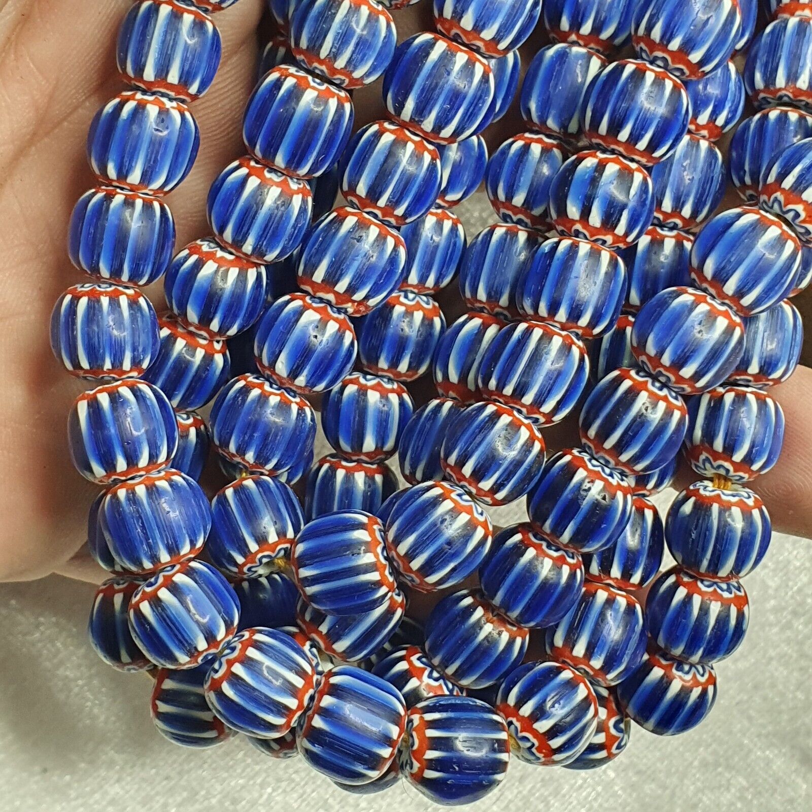 Vintage Blue Chevron Venetian Style Multilayers 10mm Glass Beads Necklace