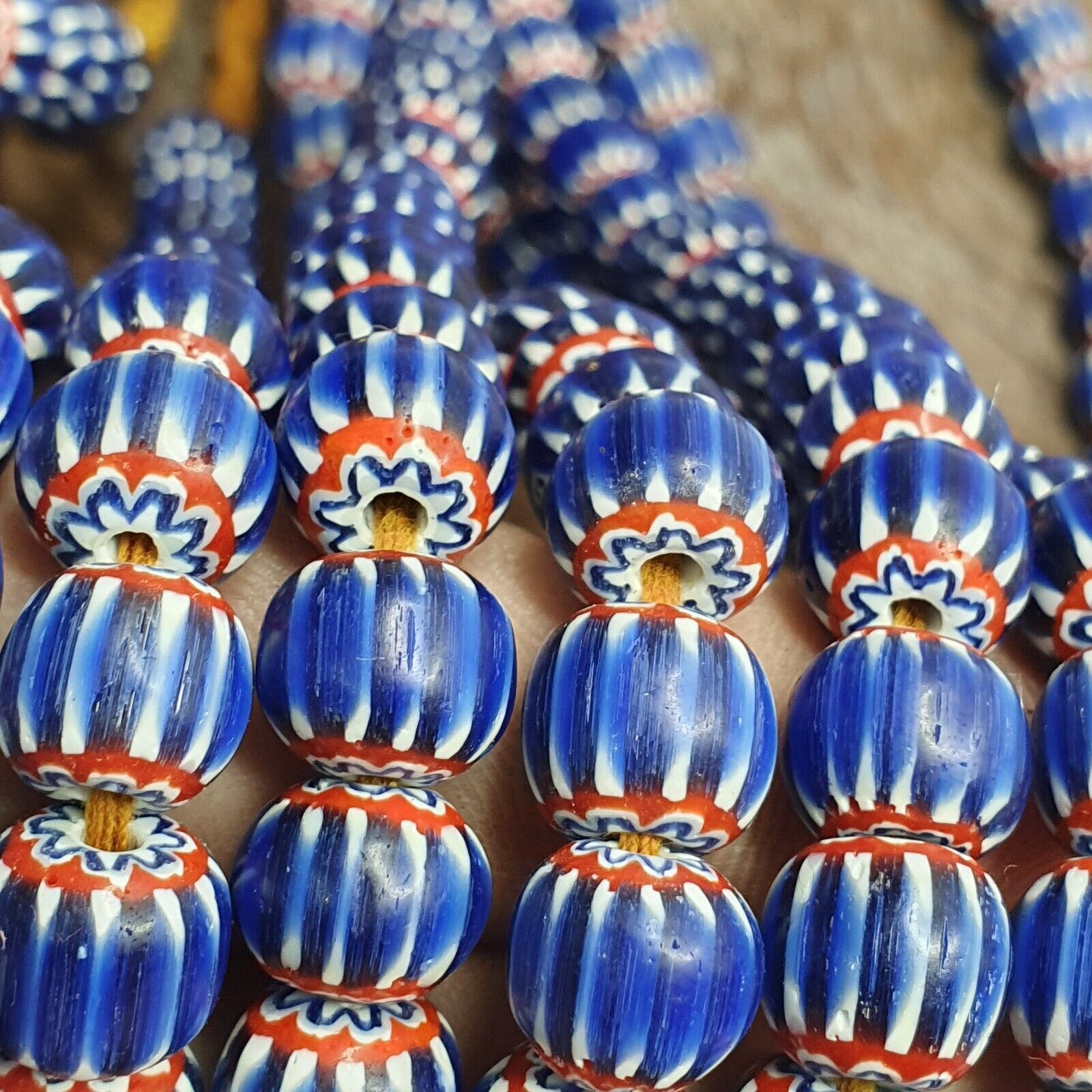 Vintage Blue Chevron Venetian Style Multilayers 10mm Glass Beads Necklace