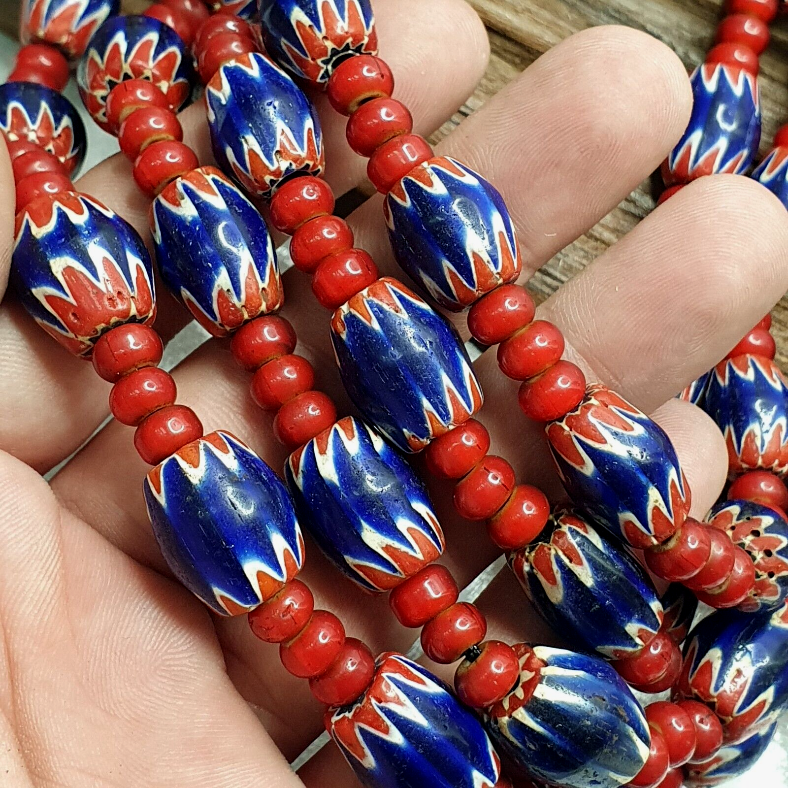 Antique Vintage Venetian White Heart 7mm & Blue Chevron Trade Beads Necklace