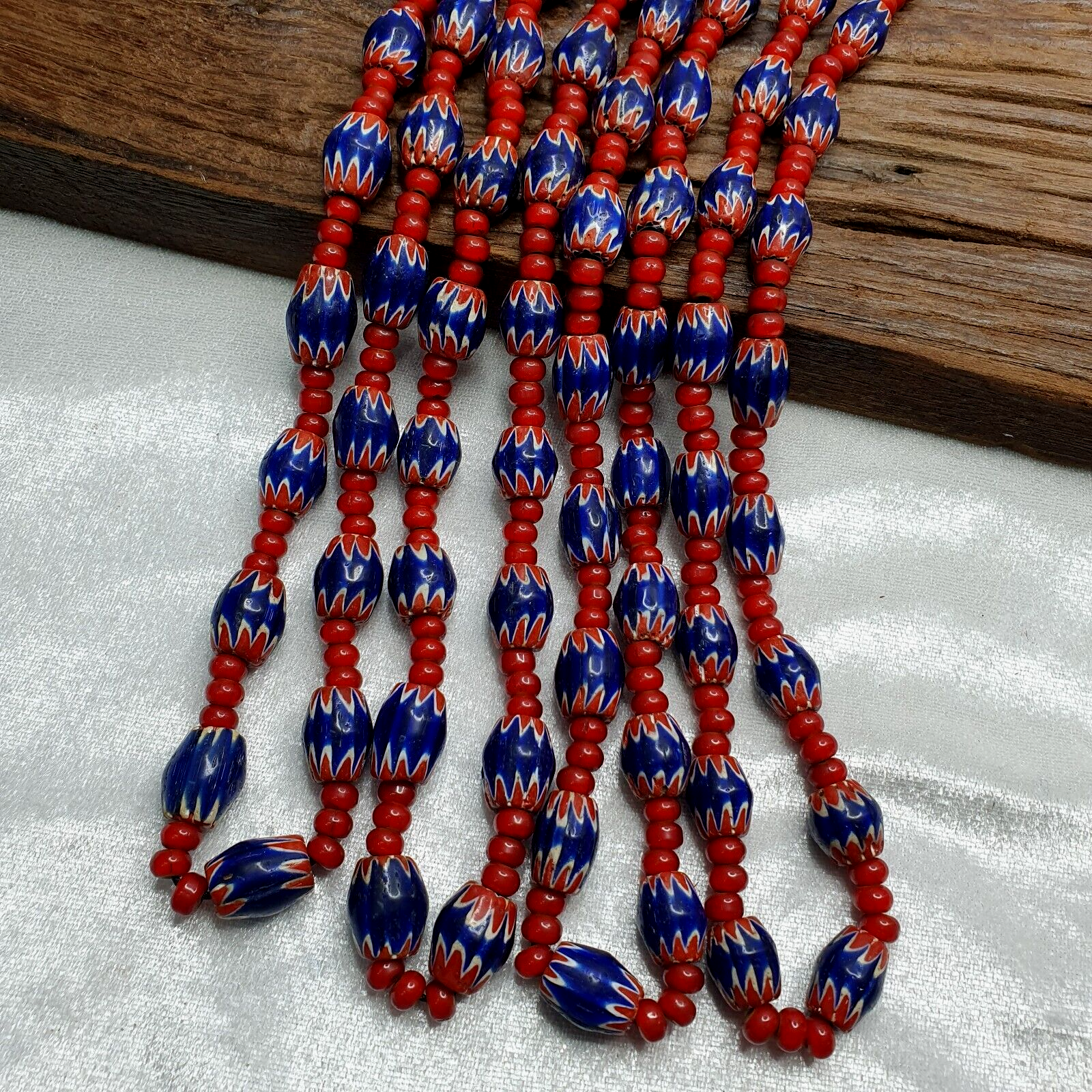 Antique Vintage Venetian White Heart 7mm & Blue Chevron Trade Beads Necklace