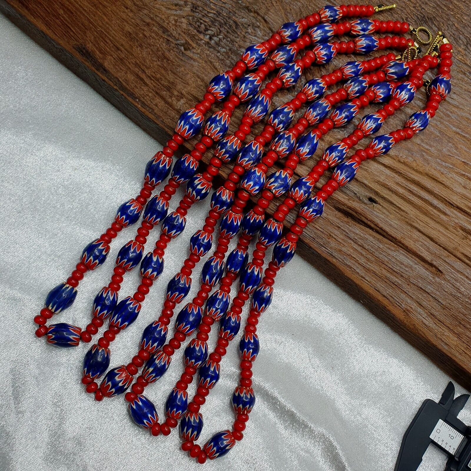 Antique Vintage Venetian White Heart 7mm & Blue Chevron Trade Beads Necklace