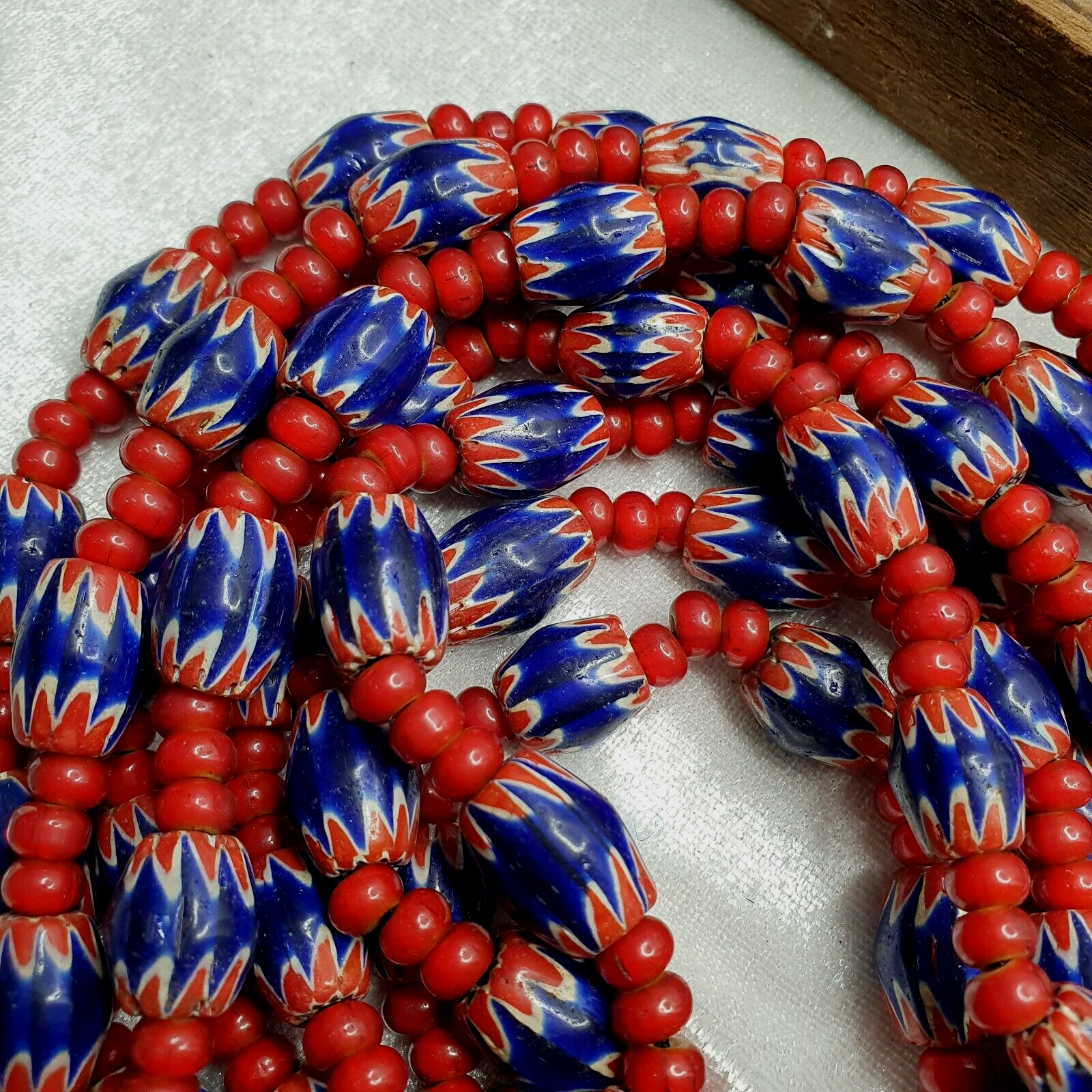 Antique Vintage Venetian White Heart 7mm & Blue Chevron Trade Beads Necklace
