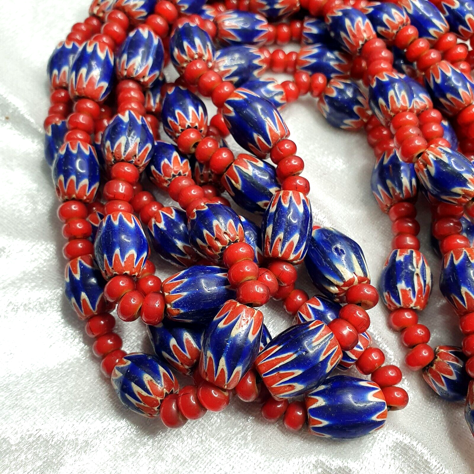Antique Vintage Venetian White Heart 7mm & Blue Chevron Trade Beads Necklace