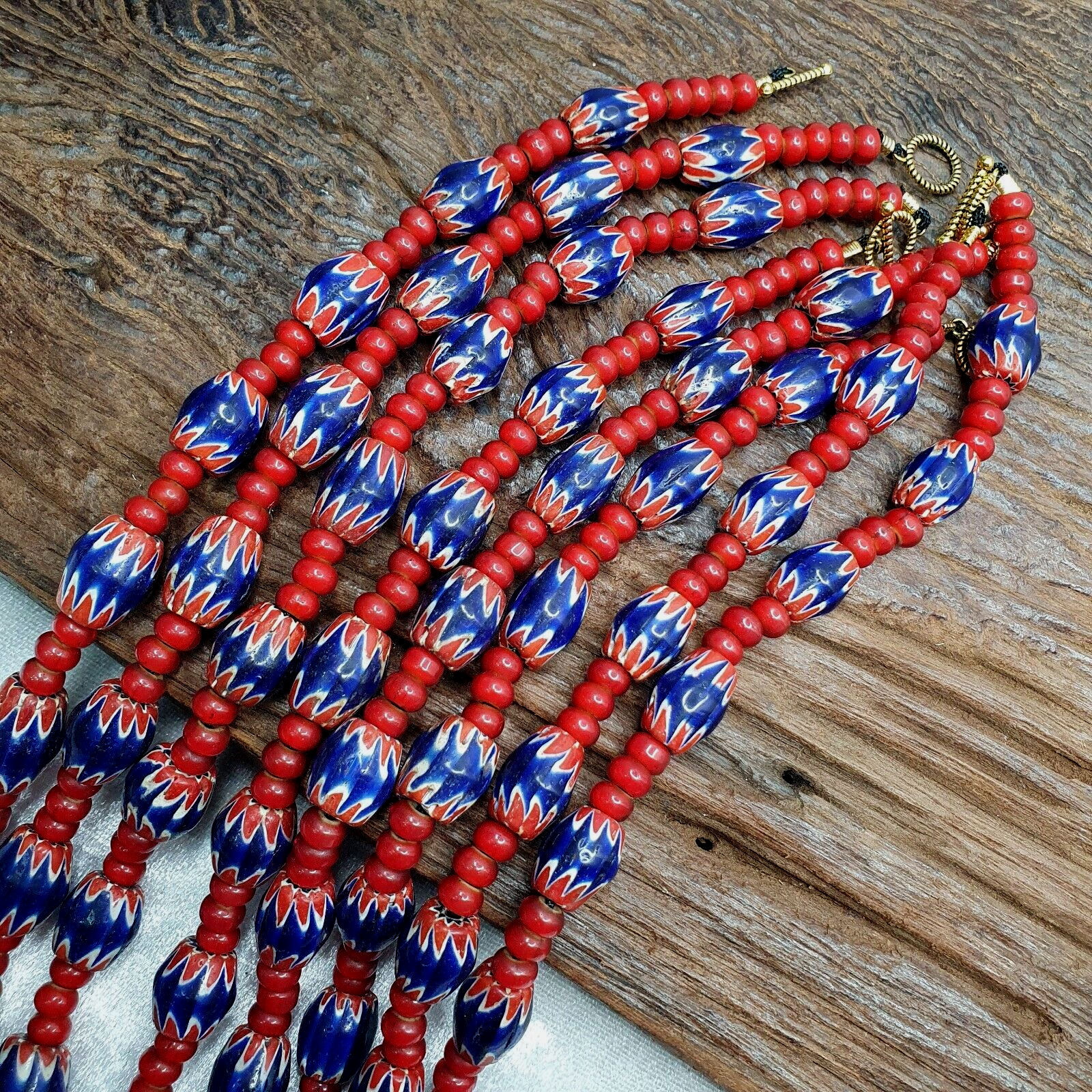 Antique Vintage Venetian White Heart 7mm & Blue Chevron Trade Beads Necklace