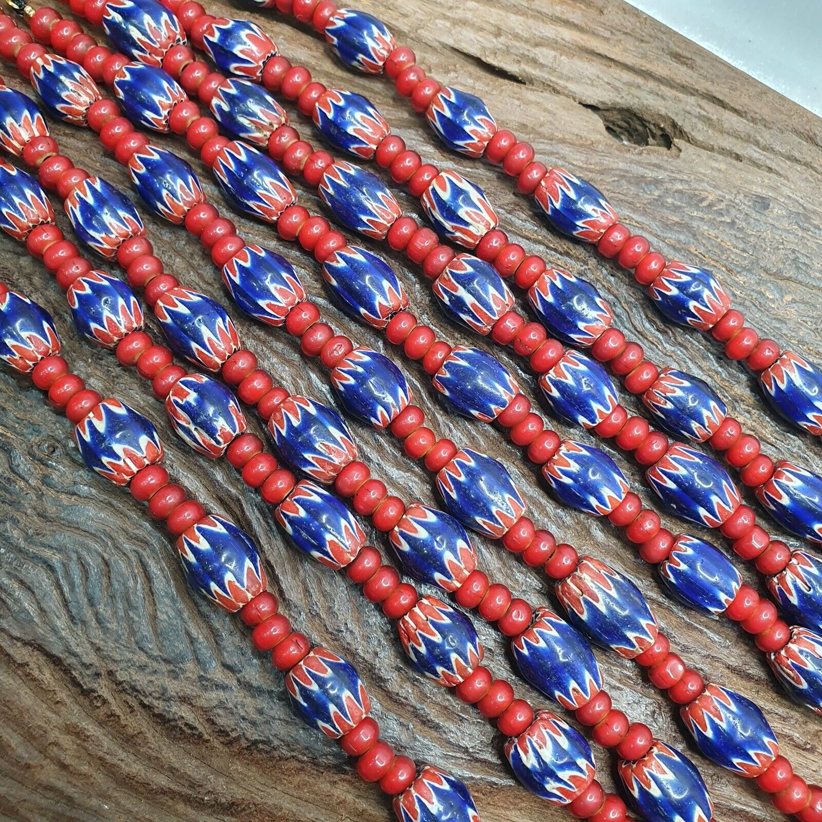 Antique Vintage Venetian White Heart 7mm & Blue Chevron Trade Beads Necklace