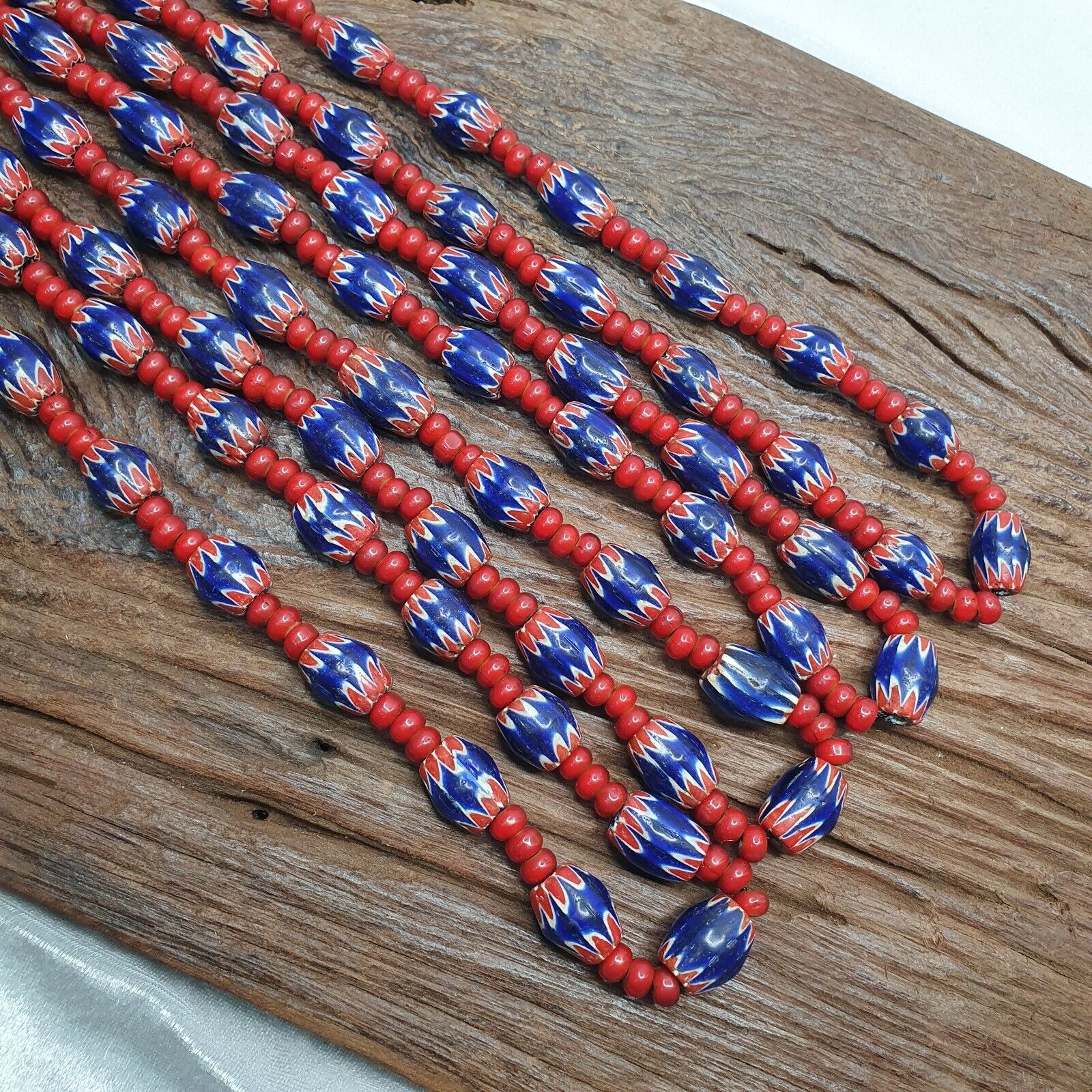 Antique Vintage Venetian White Heart 7mm & Blue Chevron Trade Beads Necklace