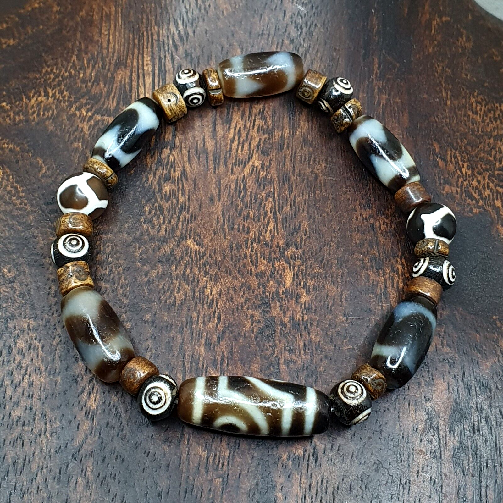 Protective Eyes Lucky Tibetan Mix Patterns Agate Dzi Beads Bracelet TBB-2