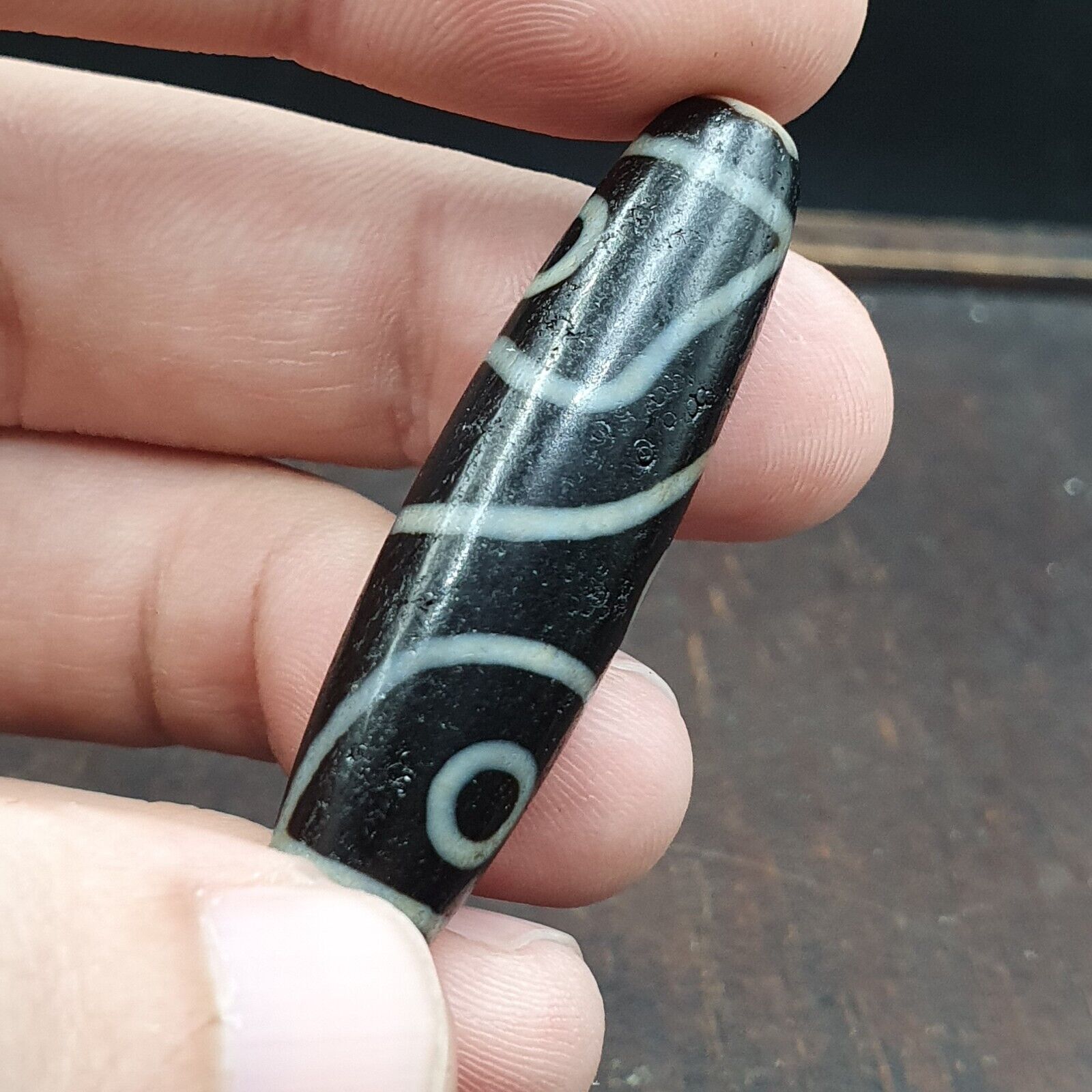 Fish Eye Pattern 3 eyes Himalayan Indo Tibetan Agate Dzi Bead Amulet