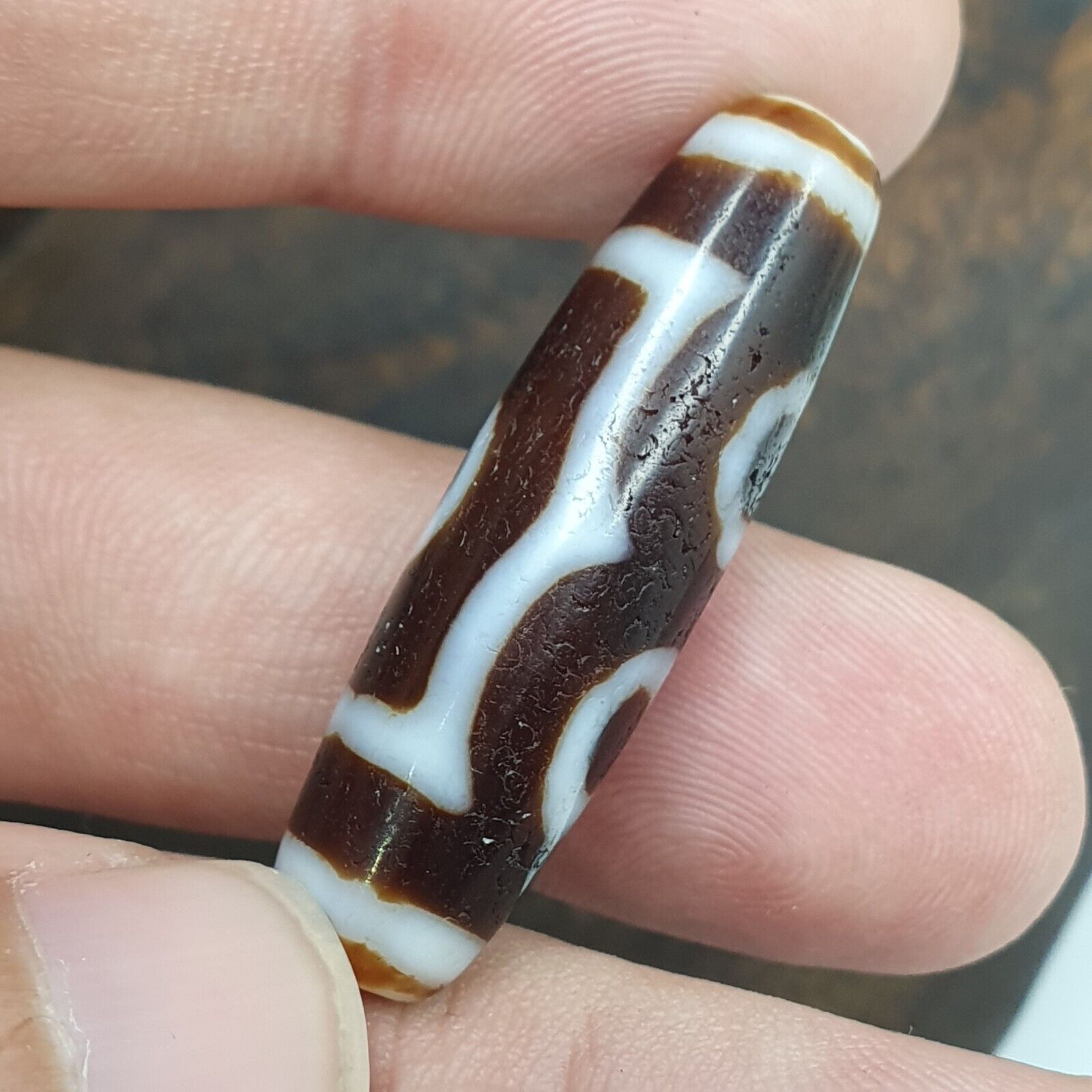 Vintage Tibetan 3 Round Eyes Unique pattern Agate stone Dzi Bead Amulet