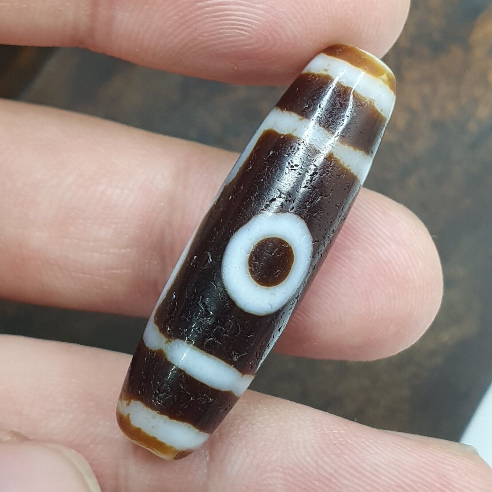 Vintage Tibetan 3 Round Eyes Unique pattern Agate stone Dzi Bead Amulet
